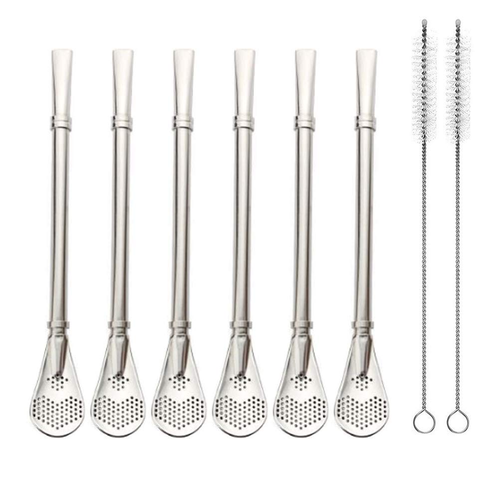 Reusable Stainless Steel Drinking Straws with Filter Spoon 6 Pieces Yerba Mate Tea Bombilla Drinking Straws with 2 Pieces Cleaning Brushes Set, 6.1inch Long