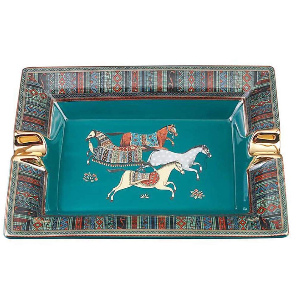 LUBINSKI Ceramic Cigar Ashtray for 2 Cigars Holder, Retro Pattern Tray Design Cigar Accessories Smoking Ashtray Smoking Ash Tray Decoration Living Room Cigar Ashtray Set, Gift Package (Green)