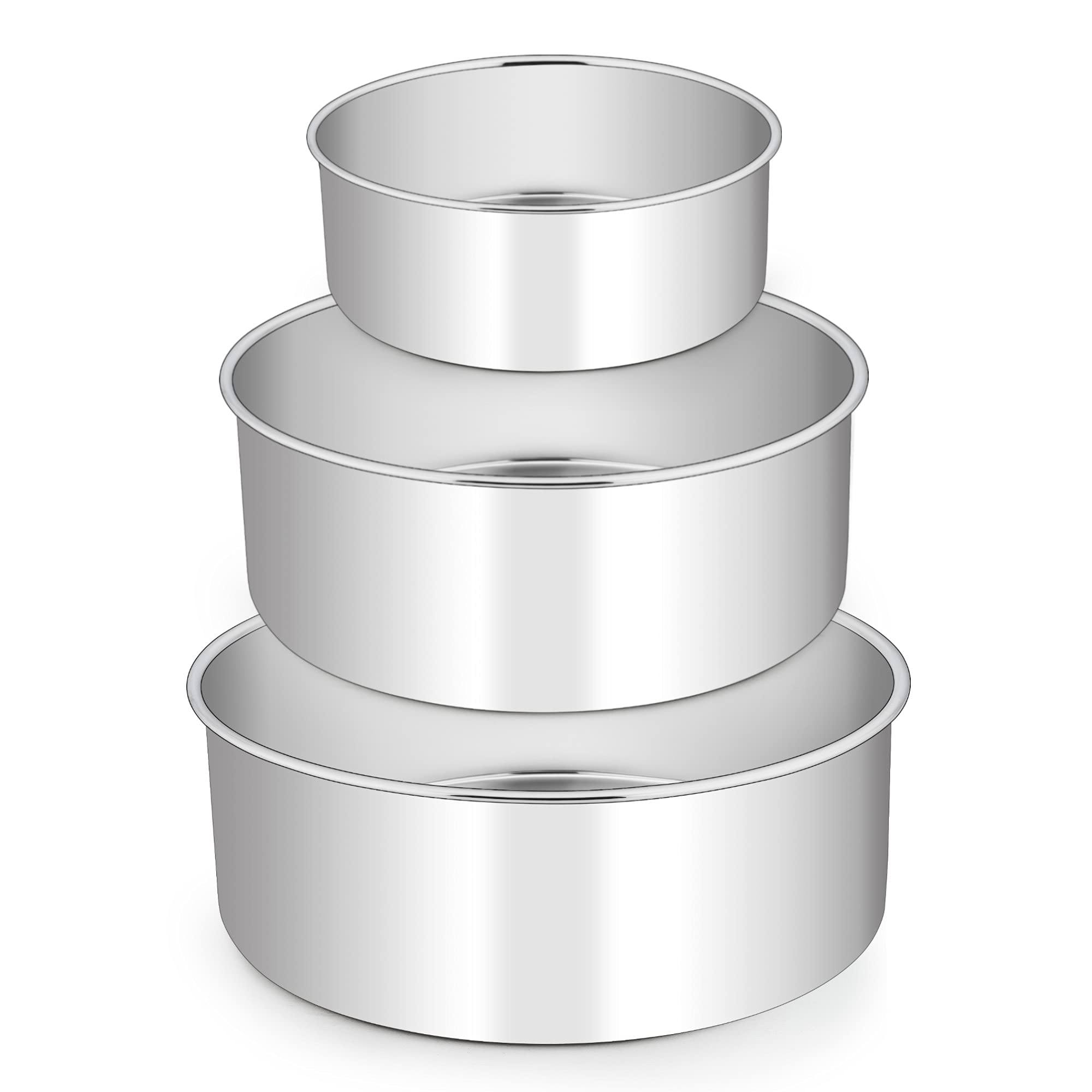 E-far Deep Cake Pan Set of 3 (6 inch/8 inch/9½ inch), Stainless Steel Round Layer Cake Baking Pans, Metal Tier Cake Tins for Wedding Birthday, Leak Proof & Straight Side, Non-toxic & Dishwasher Safe