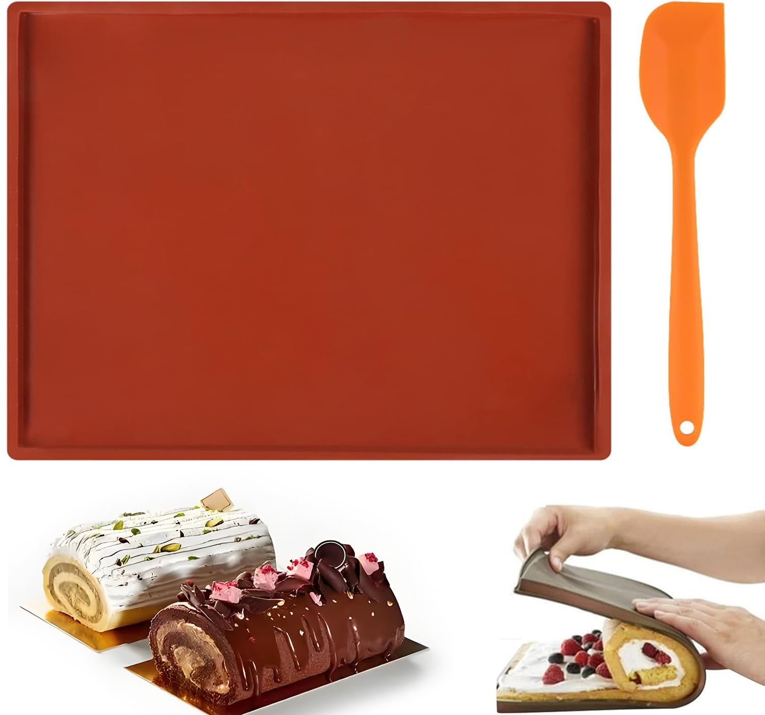 2Pcs/Set Swiss Roll Cake Mat with Spatula, 12x10In Silicone Jelly Roll Pan Cookies sheet Bakeware Nonstick Baking Tray, for Baking and Cooking (BROWN)