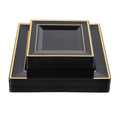 50PCS Black Square Plates, Disposable Dinner Plates with Gold Rim Include 25 Disposable Dinner Plates 9.5 Inch and 25 Dessert Plates 6.5 Inch for Party, Wedding, Halloween and Daily Use