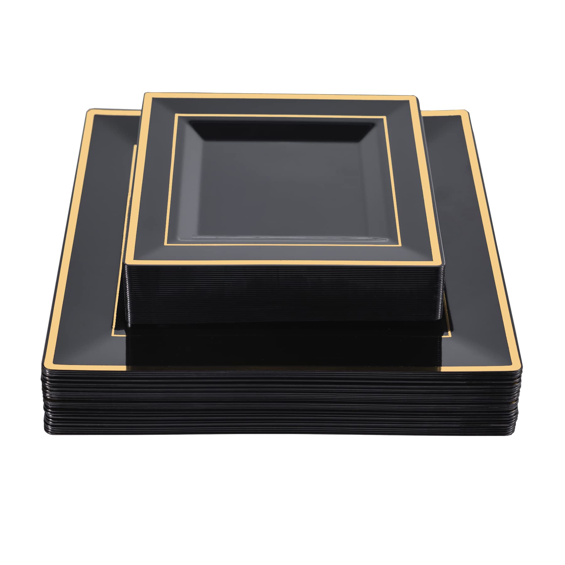 50PCS Black Square Plates, Disposable Dinner Plates with Gold Rim Include 25 Disposable Dinner Plates 9.5 Inch and 25 Dessert Plates 6.5 Inch for Party, Wedding, Halloween and Daily Use