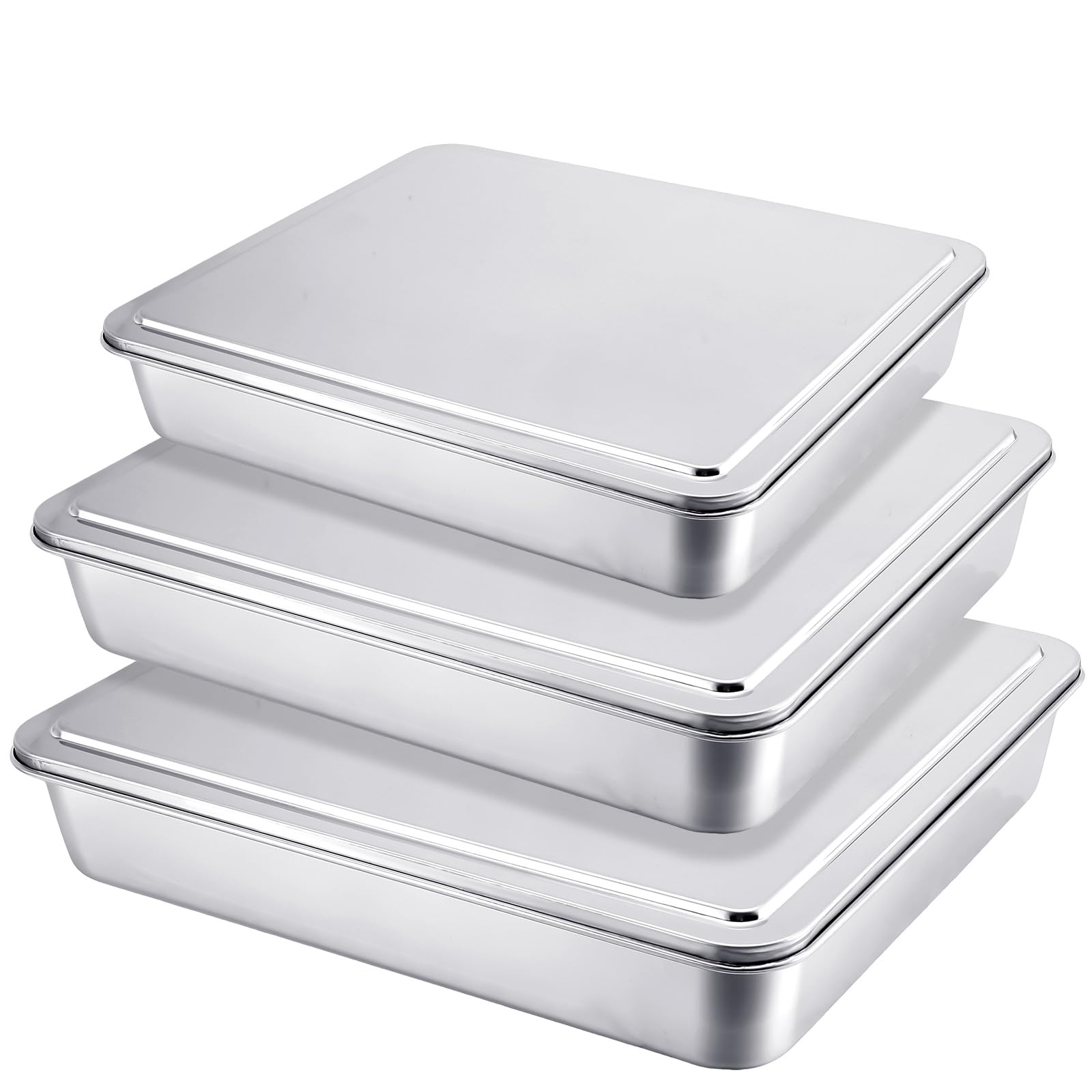 Tioncy 3 Sets Stainless Steel Cake Pan with Lid 17/13/11 Inch Rectangle Sheet Baking Pan with Covers Bakeware with Lids for Cakes Breads Casseroles Fish Vegetables and More