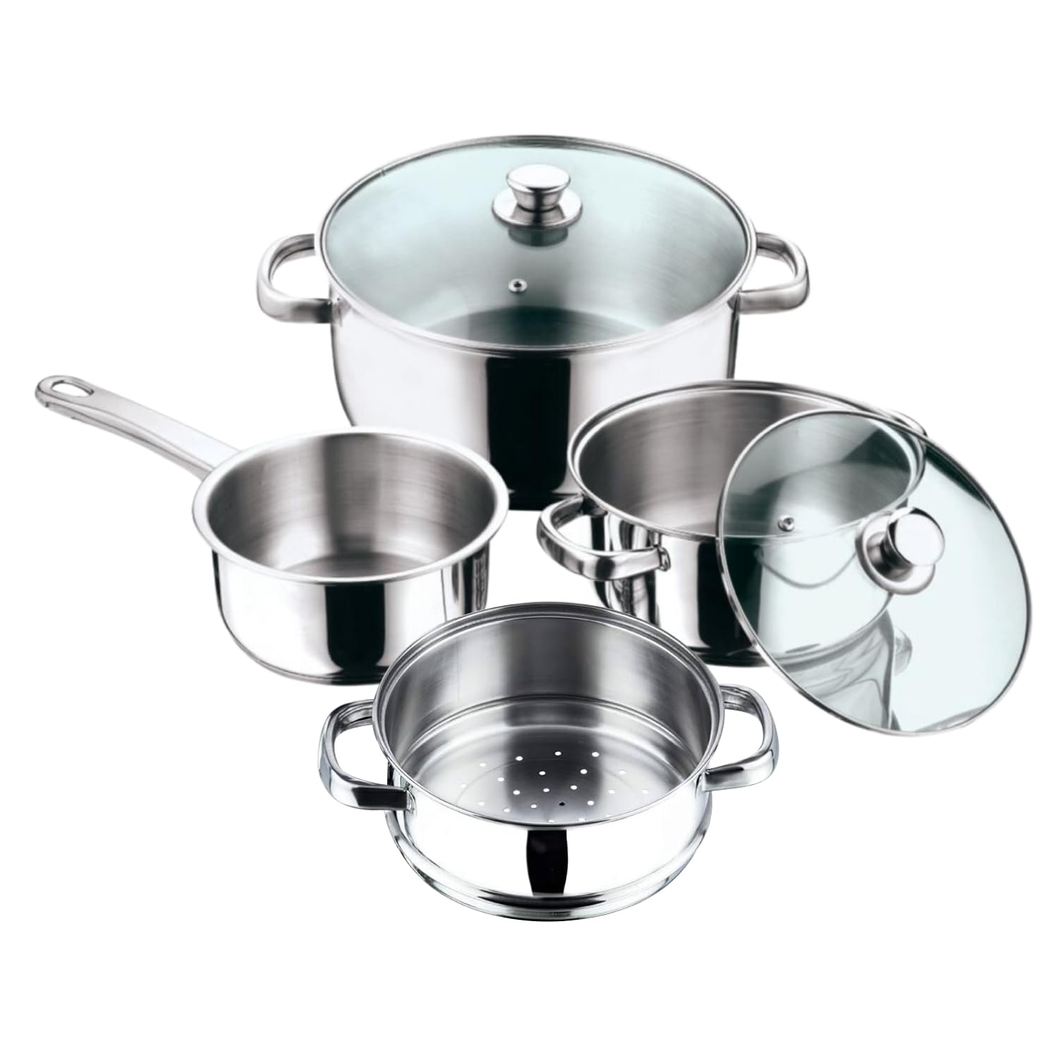 VINOD STAINLESS STEEL 6 PC COOKWARE SET WITH STEAMER, VICS06, SAUCEPAN - 16CM WITHOUT LID | CASSEROLE - 20 & 24CM WITH GLASS LID | STEAMER INSERT - 20CM