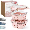 BEOLA Set of 2 Glass Food Storage Containers, Lunch Box, with Airtight Lids and Silicone Protection, Leakproof Food Organizer, Freezer, Dishwasher, Microwave Safe, Glass (320ml, Blush Pink)