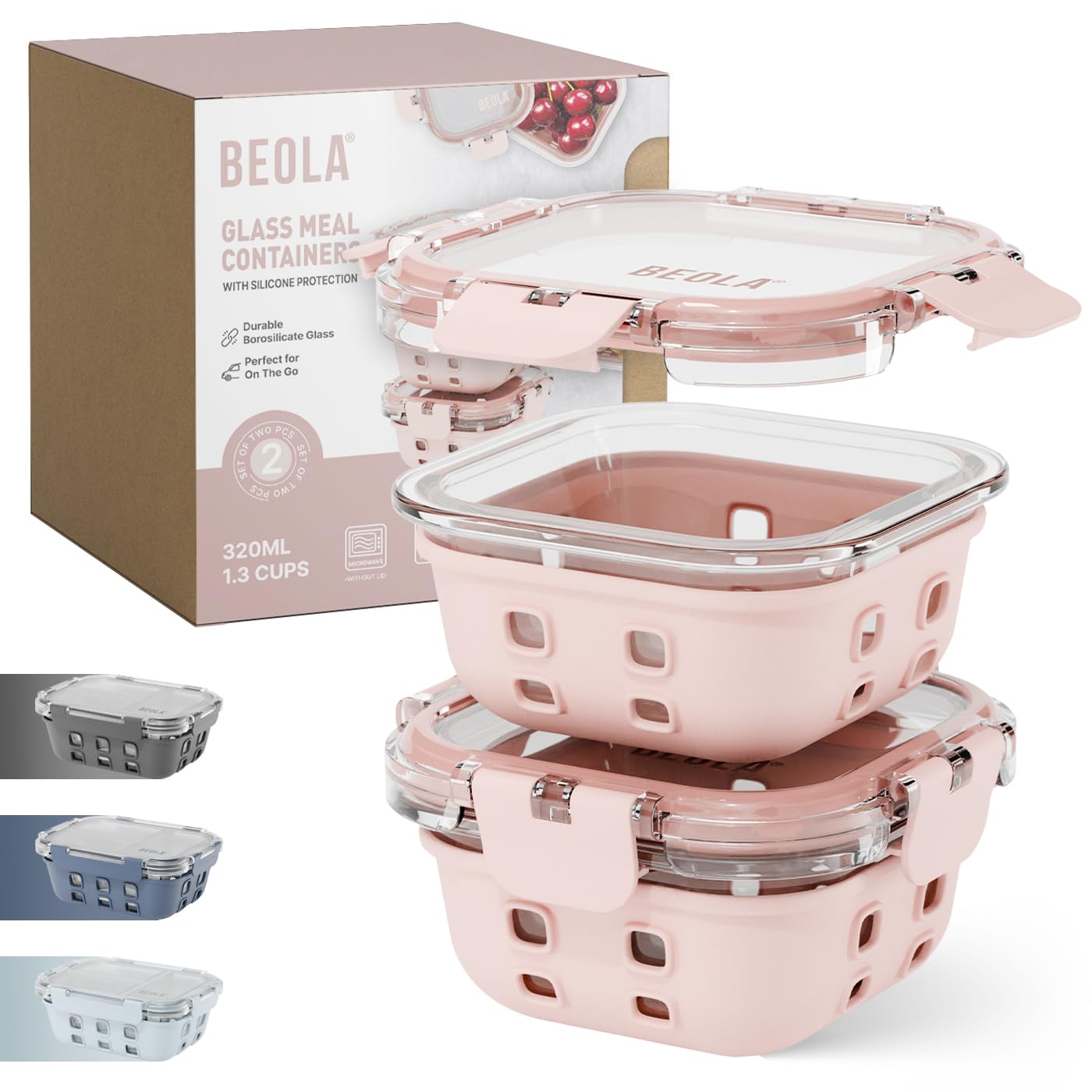 BEOLA Set of 2 Glass Food Storage Containers, Lunch Box, with Airtight Lids and Silicone Protection, Leakproof Food Organizer, Freezer, Dishwasher, Microwave Safe, Glass (320ml, Blush Pink)