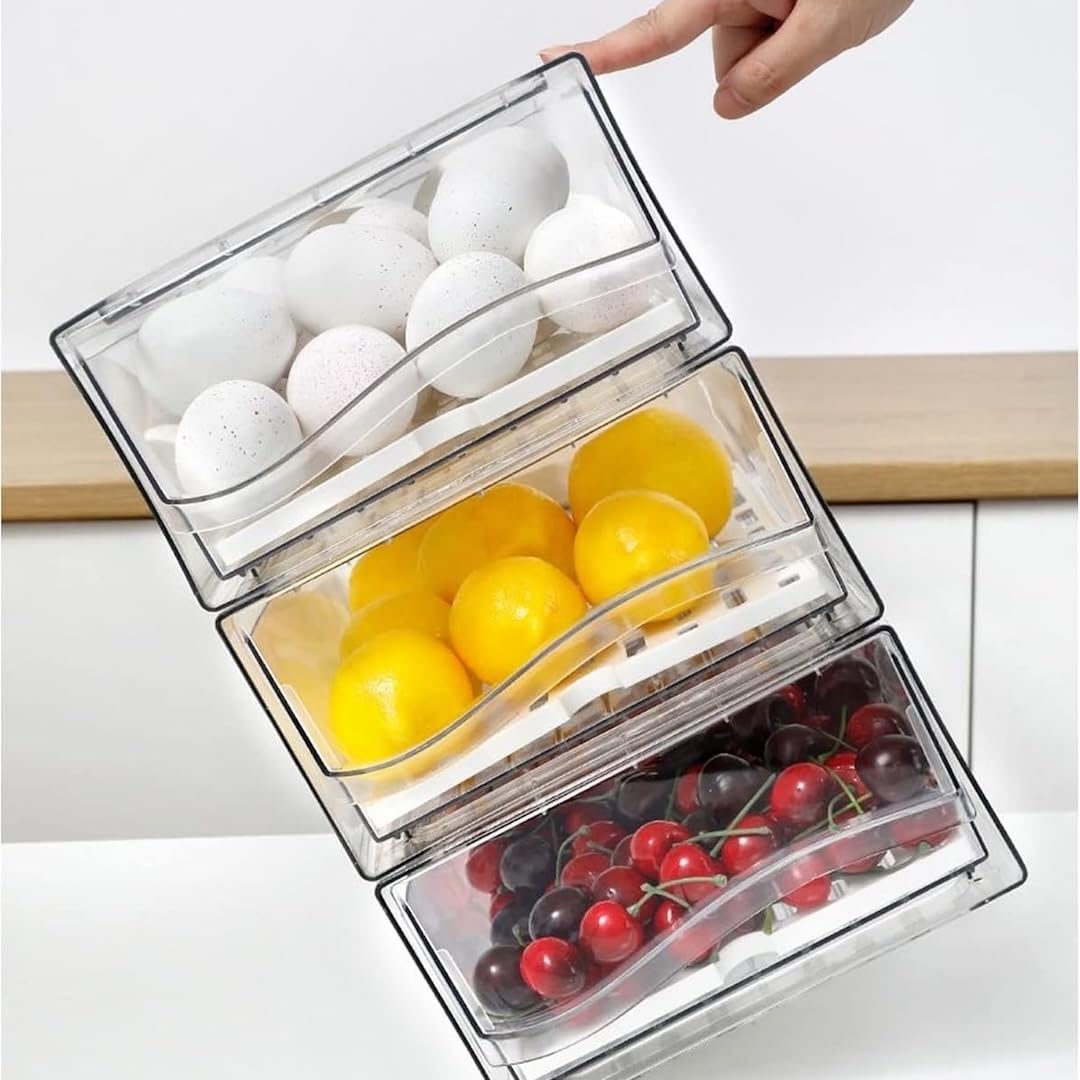 Clear Stackable Fridge Organizers & Storage XVersion 2PCS Large Fridge Storage Containers with Draining Tray - Organizer Boxes for Vegetables & Fruits (V2)