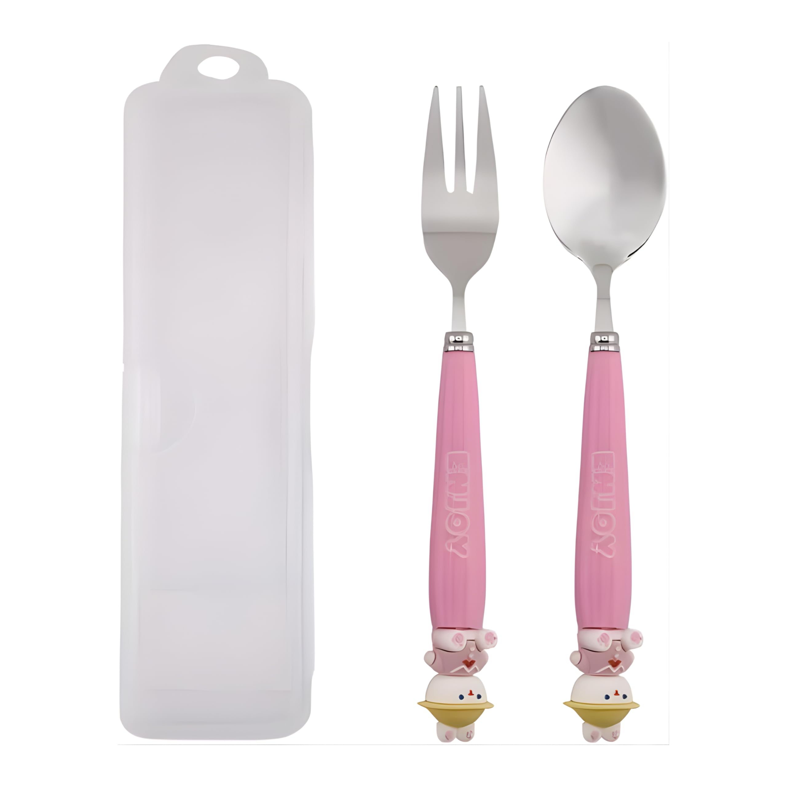 Teddy Design Kids Cutlery Set with Case - 2-Piece Stainless Steel BPA Free Cutlery Set Includes Spoon, Fork and Case for Lunch Box, Picnic and Travel (Pink)