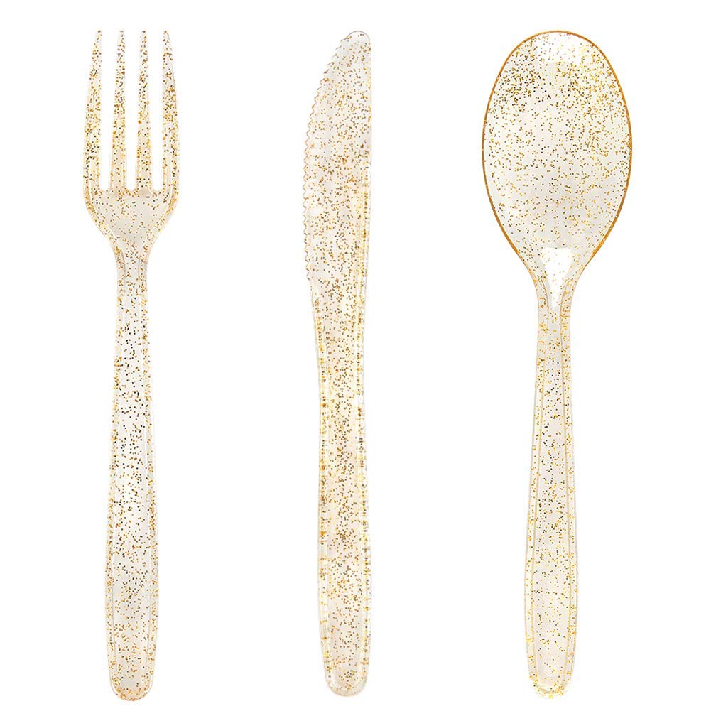 KASTWAVE 30 Pieces PVC Cutlery Set, Disposable Gold Glitter Tableware - 10 Forks, 10 Spoons, 10 Knives, Fancy Partyware