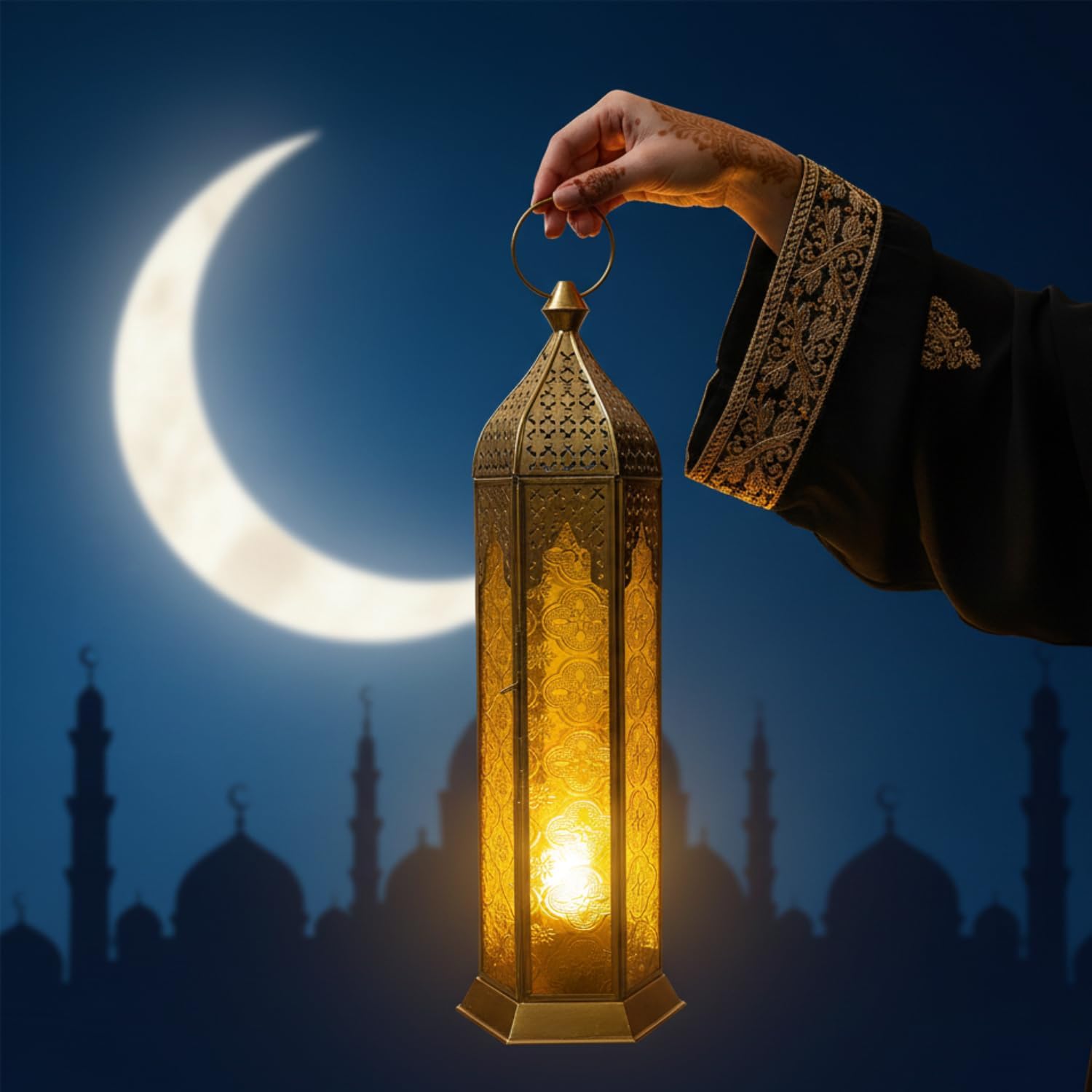 Lantern for Decor – Arabic Fanoos Style Ramadan Lantern, Large Candle Holder for Majlis, Balcony & Outdoor Home Decoration Golden Metal Yellow Glass Moroccan Candle Holder 1 pc