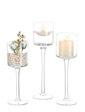 Glass Candle Holder for Table Centerpiece - Tall Tea Lights Candle Holder, Elegant Clear Long Stem Candle Holders for Pillar Candles, Floating Candle Holder for Wedding, Party, Home Decor, Set of 3