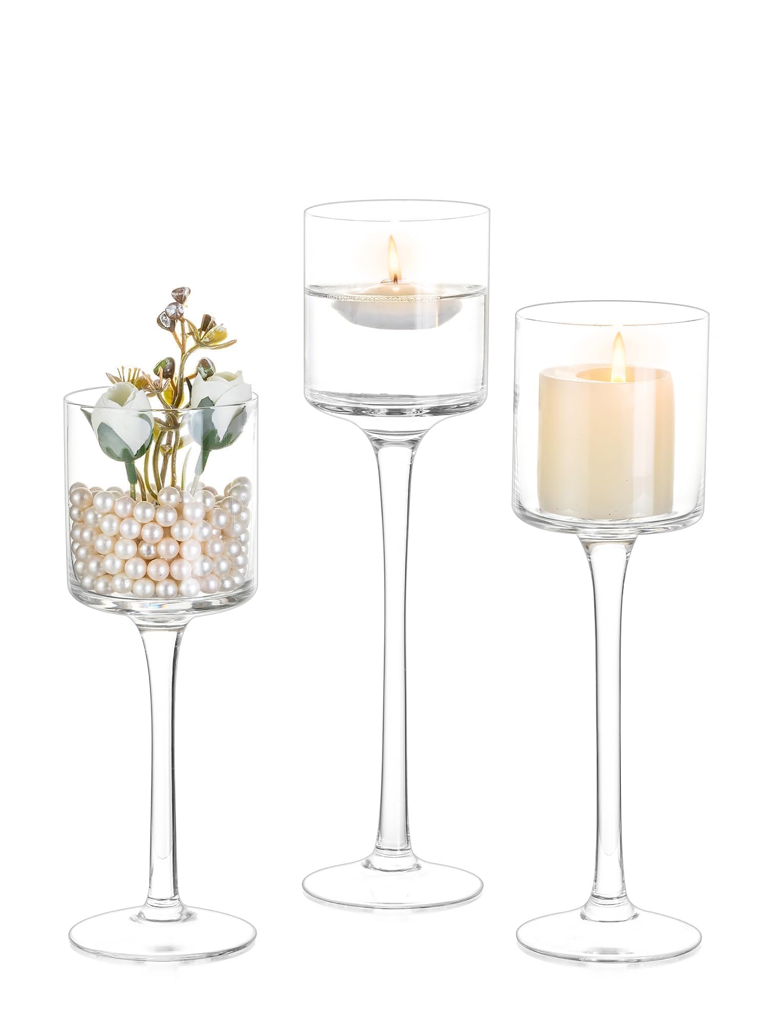 Glass Candle Holder for Table Centerpiece - Tall Tea Lights Candle Holder, Elegant Clear Long Stem Candle Holders for Pillar Candles, Floating Candle Holder for Wedding, Party, Home Decor, Set of 3