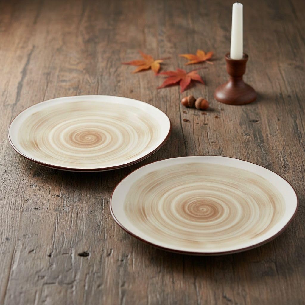 Fissman Dinner Plates Ø21cm Set of 2, Porcelain Tableware Sets Glide Series | Irregular Shape Plate | Earthy Spiral Pattern | Non Slip Base | Suitable for Fine Dining, Home, Restaurant, Hotel