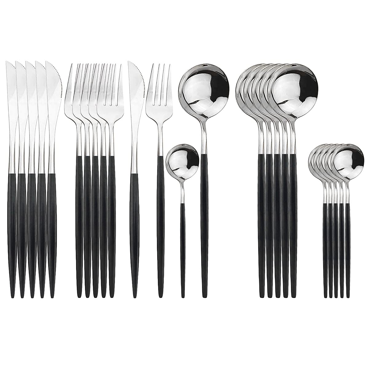 Silver Silverware Set, 24-Piece Stainless Steel Flatware Set Service For 6, Mirror Polished Black Handle Tableware Cutlery Set Knife Fork And Spoon For Home & Restaurant, Dishwasher Safe