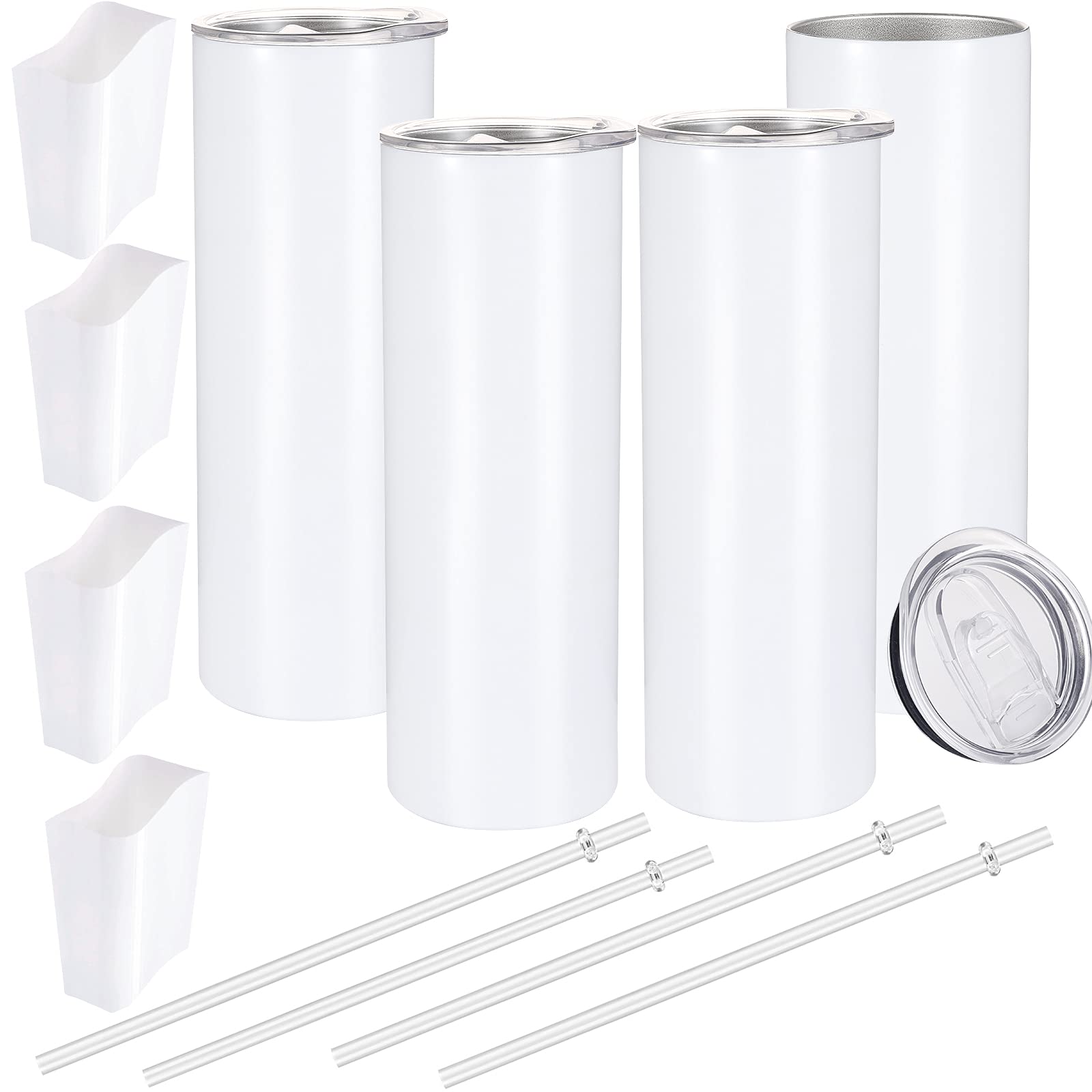 Sublimation Blank Skinny Straight Stainless Steel Tumblers 20 oz with Straw Double Wall Vacuum Insulated with Sublimation Shrink Wrap Sleeves | Vinyl DIY Gift (White, 20oz - 4 Pack)