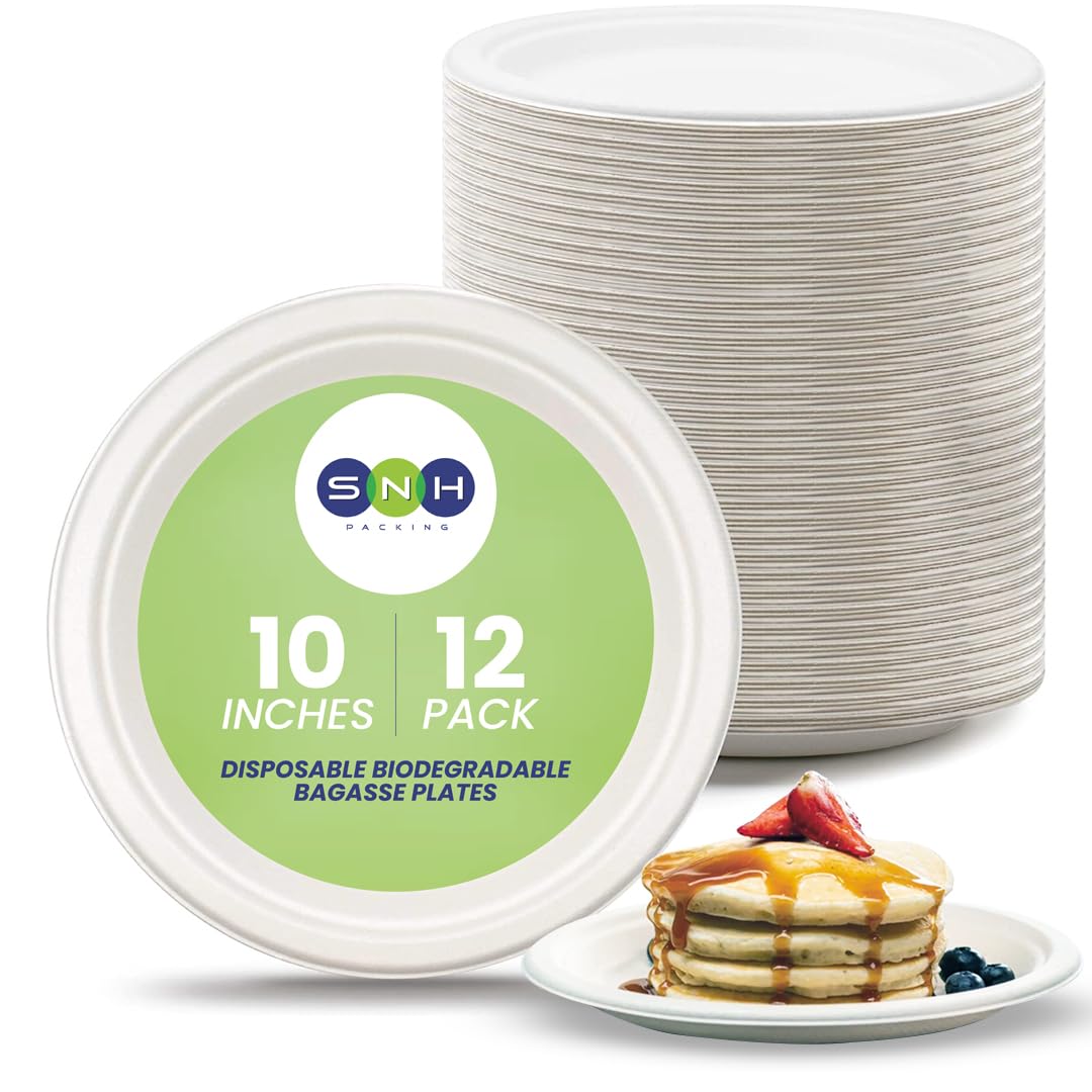 Eco Friendly Bagasse Biodegradable Plate 10 Inch Disposable, Made From 100% Sugarcane Plates, Natural Alternative To Paper Plate, Everyday Tableware, Heavy Duty Microwaveable - 12 Pieces.