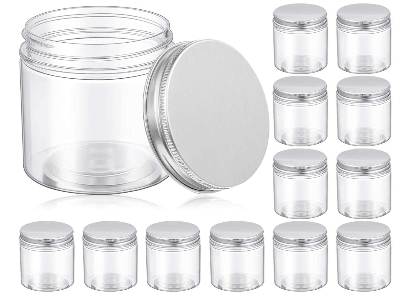 FUFU 12 Pieces 5 Oz Plastic Jars with Lids, Clear Jar Clear Storage Containers Refillable Cosmetic Jars Kitchen Storage Jars with Lids for Cosmetics Food Seasonings (Silver Lid,6.5 x 6.5 x 6.5 cm)