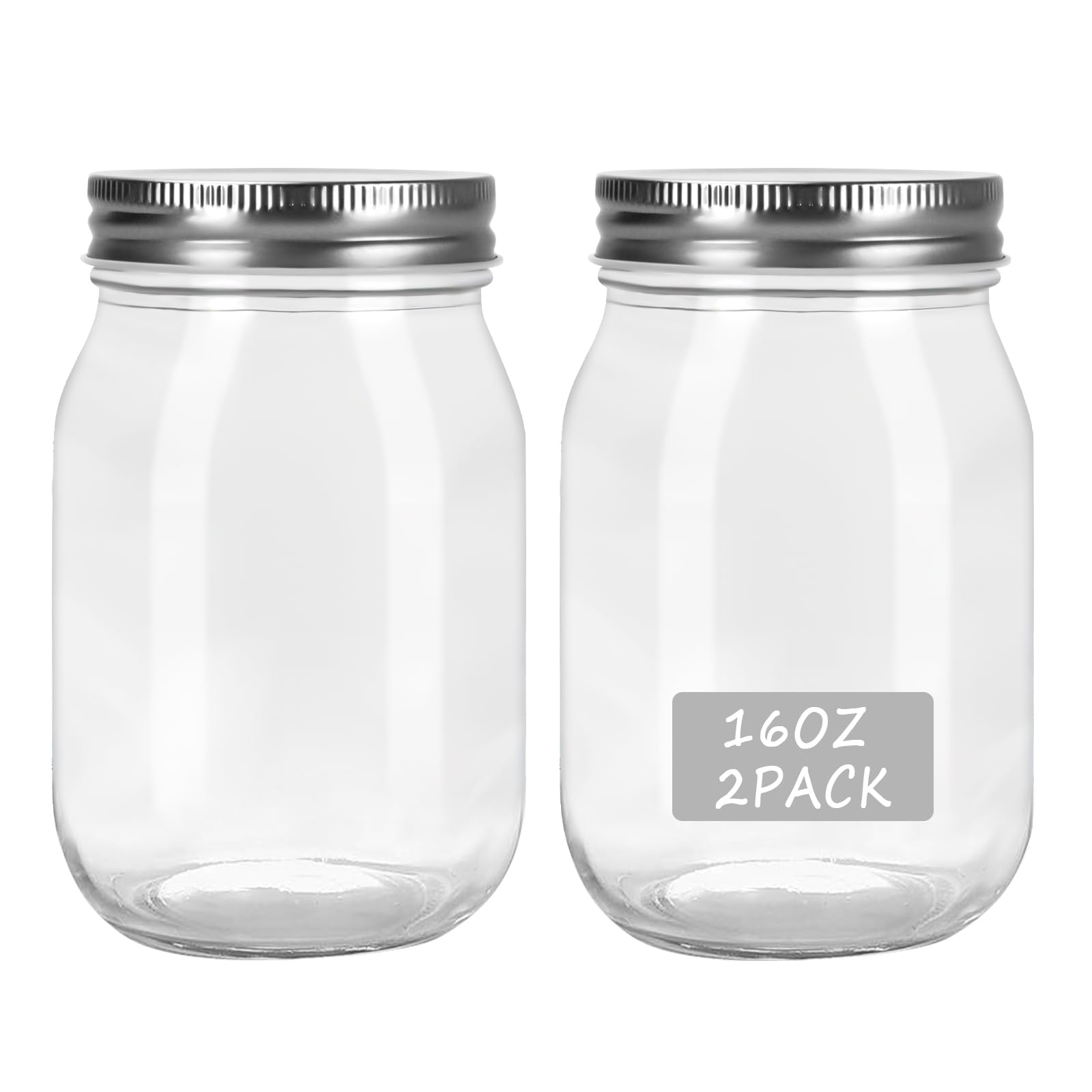 HOXHA 2 Pack 16 oz Glass Regular Mouth Mason Jars, Clear Glass Jars with Lids for Sealing, Canning Jars for Food Storage, Overnight Oats, Dry Food, Snacks, Candies, Jam, Honey