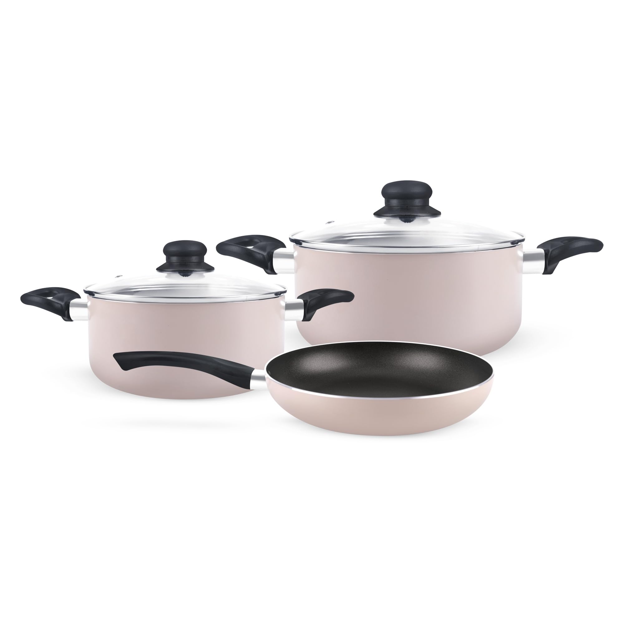 Royalford 5 Piece Non-Stick Cookware Set- RF11973 Aluminum Body with 3 Layer Coating CD Base, Bakelite Handles and Tempered Glass Lid
