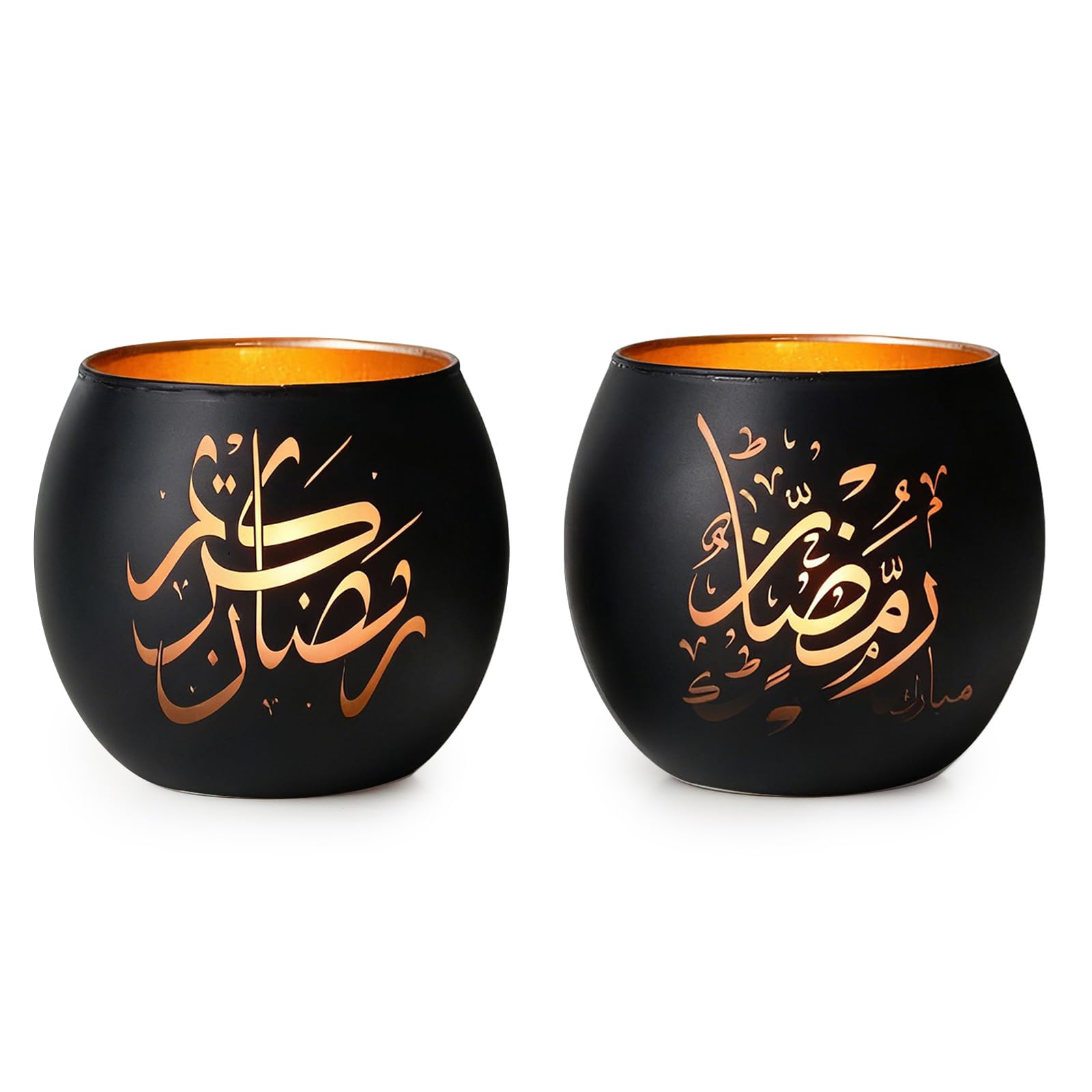 Ramadan Mubarak Decorations Indoor, Arabic Calligraphy 4 Pcs Laser Etched Glass Tealight Candle Holders, Ramadan Kareem & Eid Mubarak Votive Holders for Table Decor, Islamic Gifts