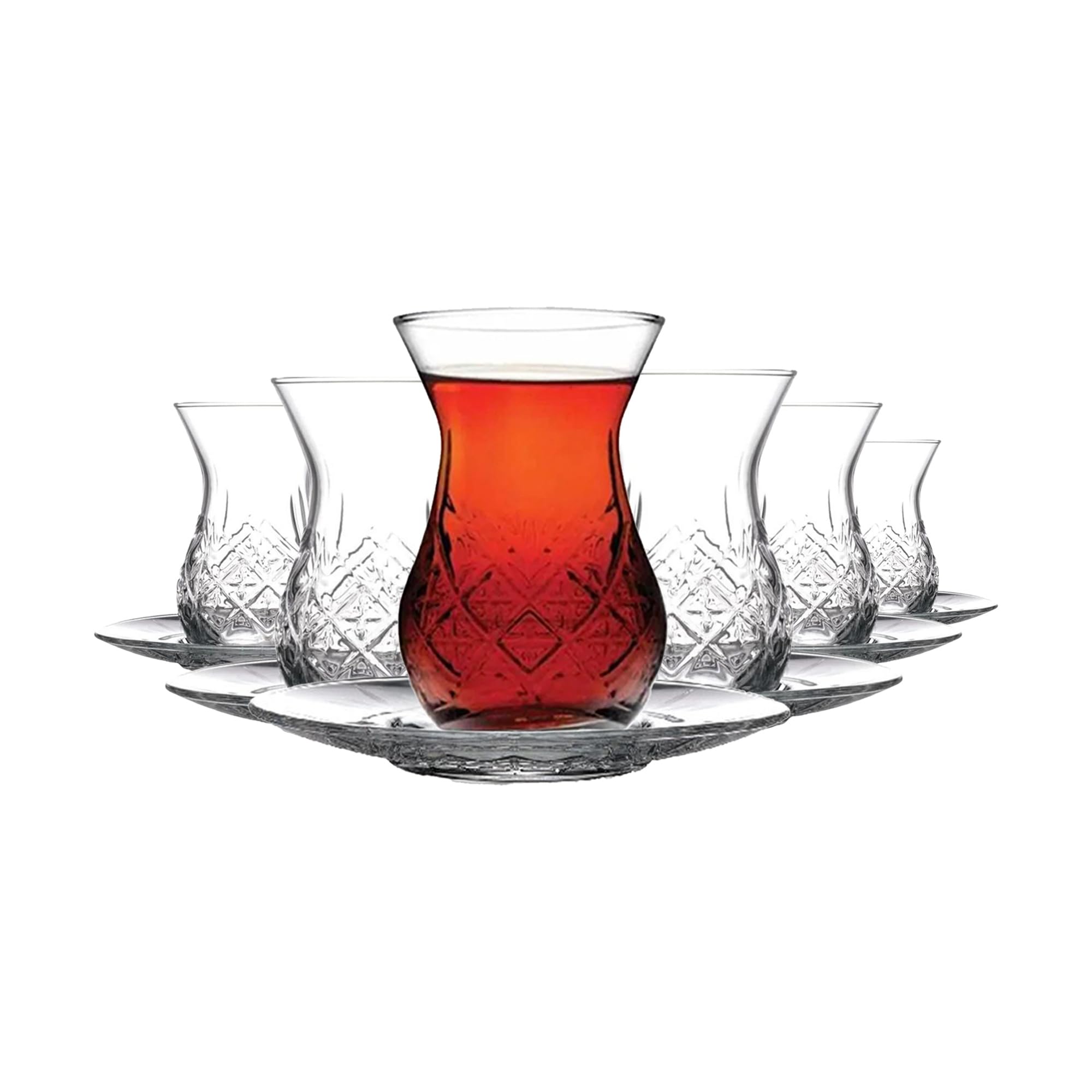 Turkish Tea Glasses Set 155 ml (12 Pieces for 6 People), 6 Tea Glasses with 6 Saucers, Traditional Cay Bardagi Set for Stylish Tea Enjoyment