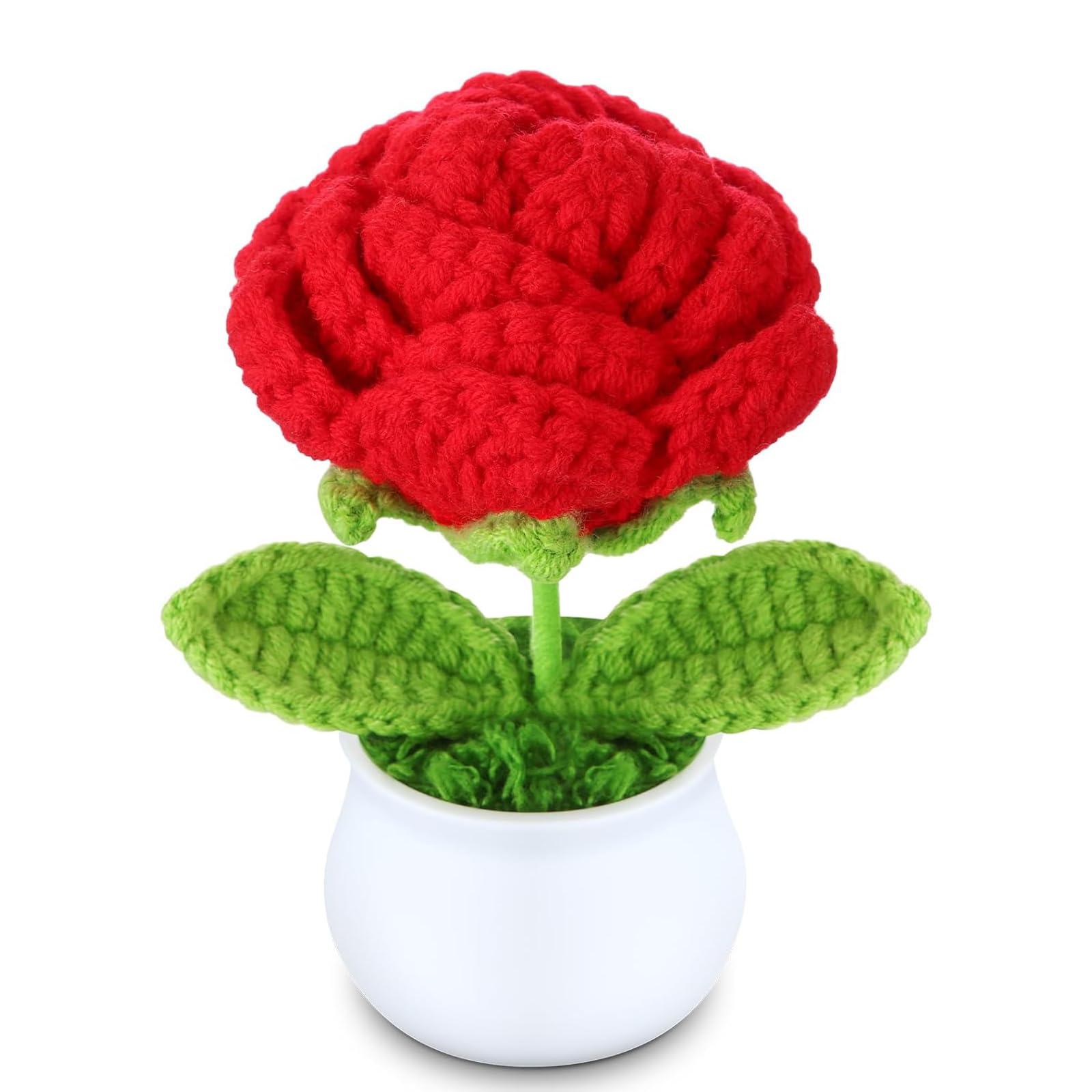 Artificial Flower Fake Flower Crochet Flowers Cute Little Potted Flower,Gift for Teacher’s Day,Graduation, Christmas,Decor for Car Dashboard,Home Office Decoration (Small Rose)