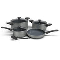 DELICI 8 Piece Non Stick Cookware Set, Granite Gray Aluminium Body, 20cm & 24cm Sauce Pans with Glass Lids, 16cm Milk Pan, 24cm Fry Pan, PFOA-Free, Residue-Free Cooking, Dishwasher Safe (ACS8HE)