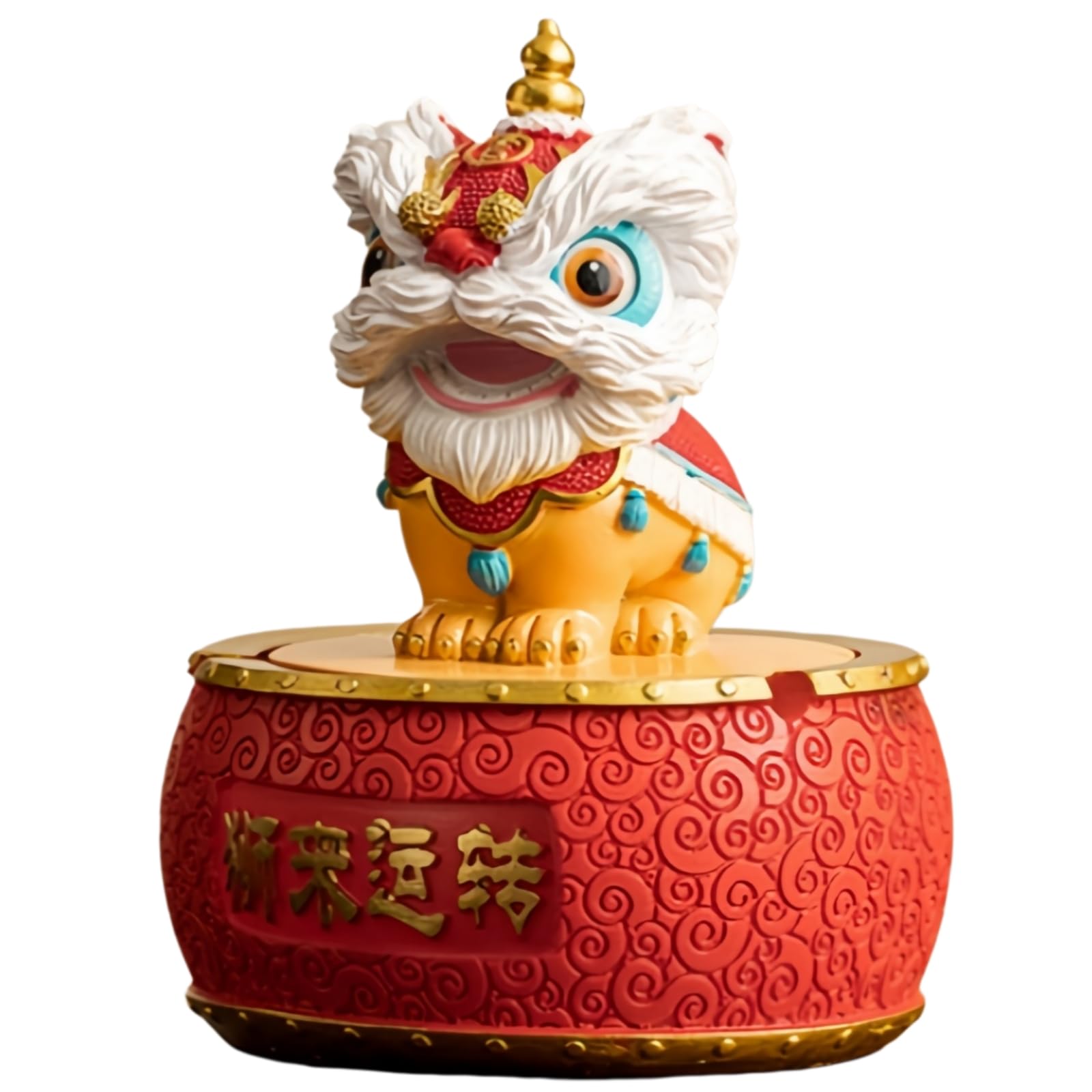Ashtray with Lid - Chinese Lion Head Resin Windproof & Artistic Painting, Stylish Decoration for Living Room, Office or Patio, Smoker Gift (Red)