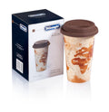 De'Longhi Double-Wall Ceramic Mug 300ml - Handmade Thermal Mug with Silicone Lid, Keeps Drinks Warm, Map Design for Travel Lovers, Microwave and Dishwasher Safe, Brown DLSC056