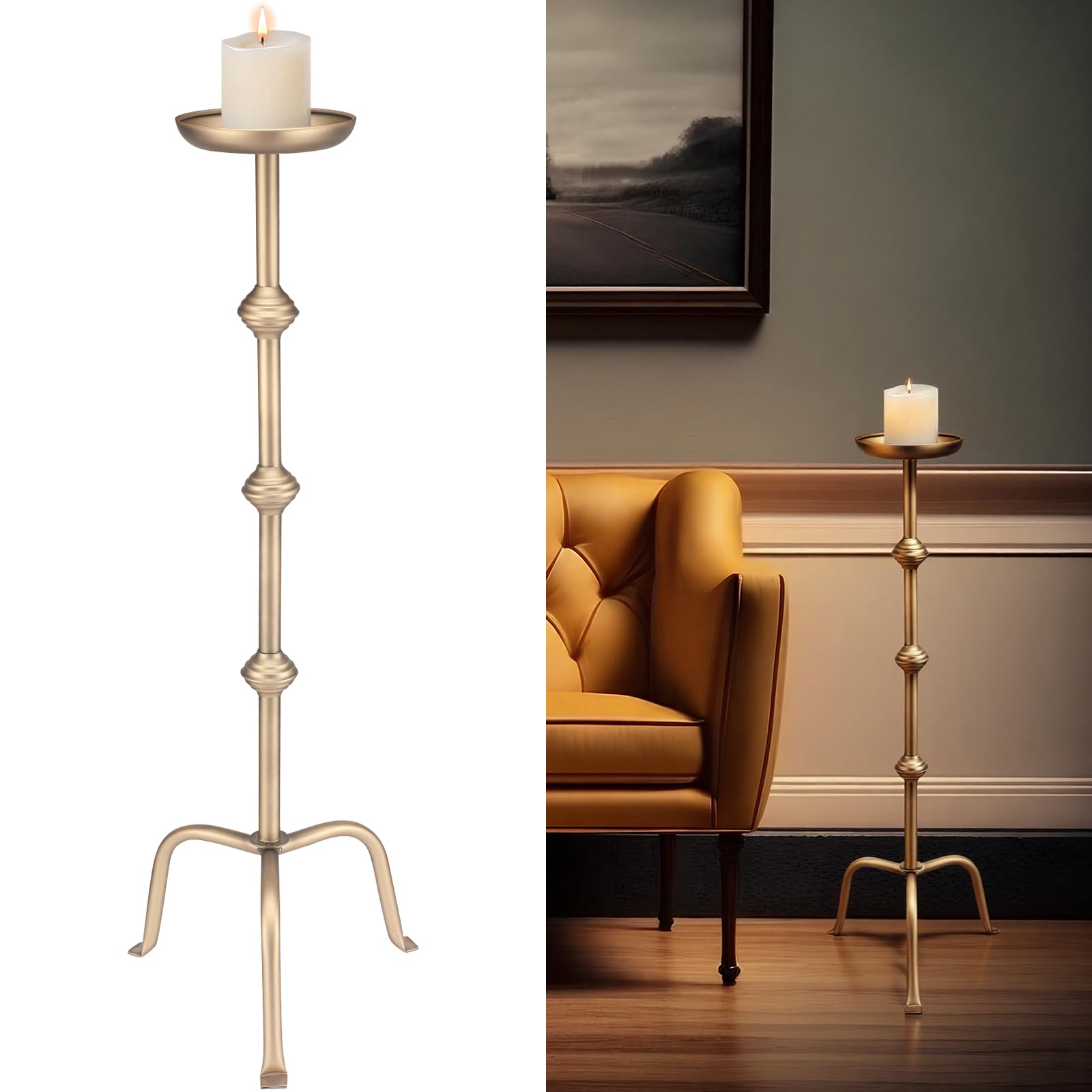 Mumufy 1 Pcs 32 Inch Metal Candlestick Floor Pillar Candleholder Elegant Tall Candleholder Metal Candelabra Candlesticks Holder for Formal Events Wedding Church Holiday Decor (Bronze)
