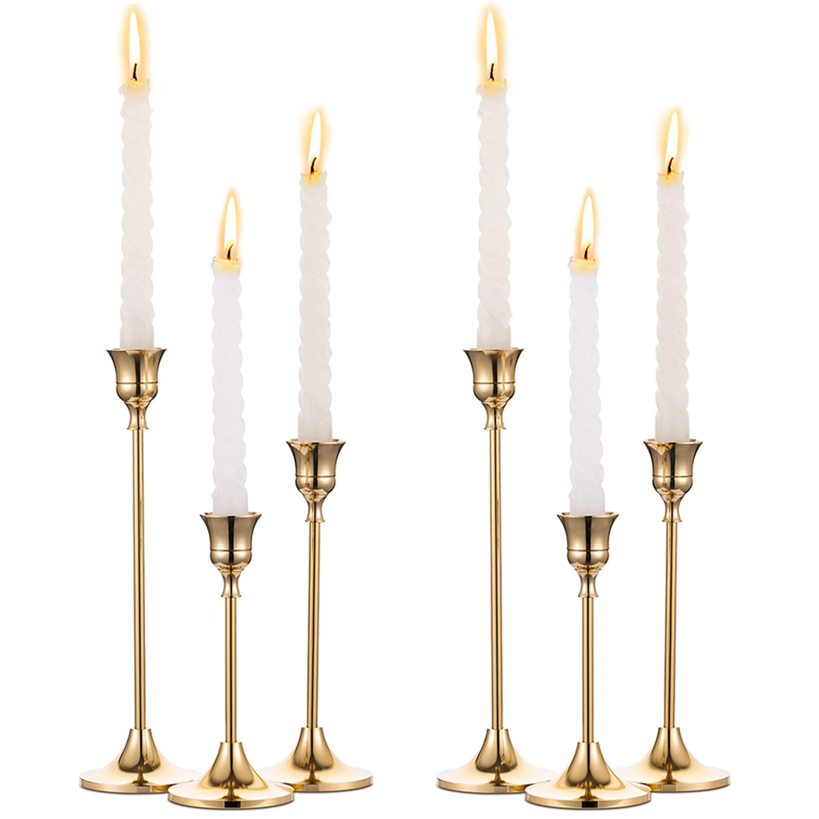 NUPTIO 2 Sets(6 Pcs) Brass Gold Metal Taper Candle Holders Candlestick Holders, Vintage Modern Decorative Centerpiece Candlestick Holders for Table Mantel Wedding Housewarming Gift