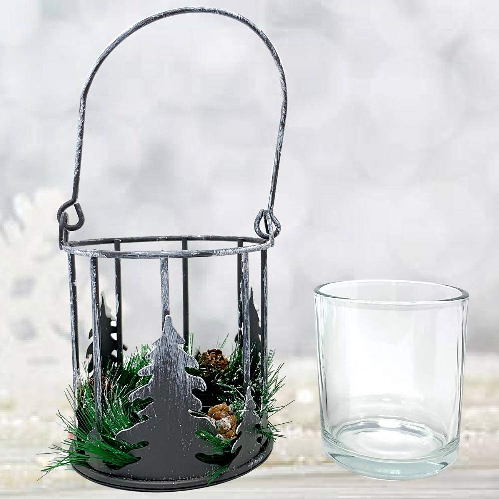 BANBERRY DESIGNS Pinecone Candle Holder - Metal Pine Tree Cut Outs with Flocked Greenery and Pine Cones - Glass Insert