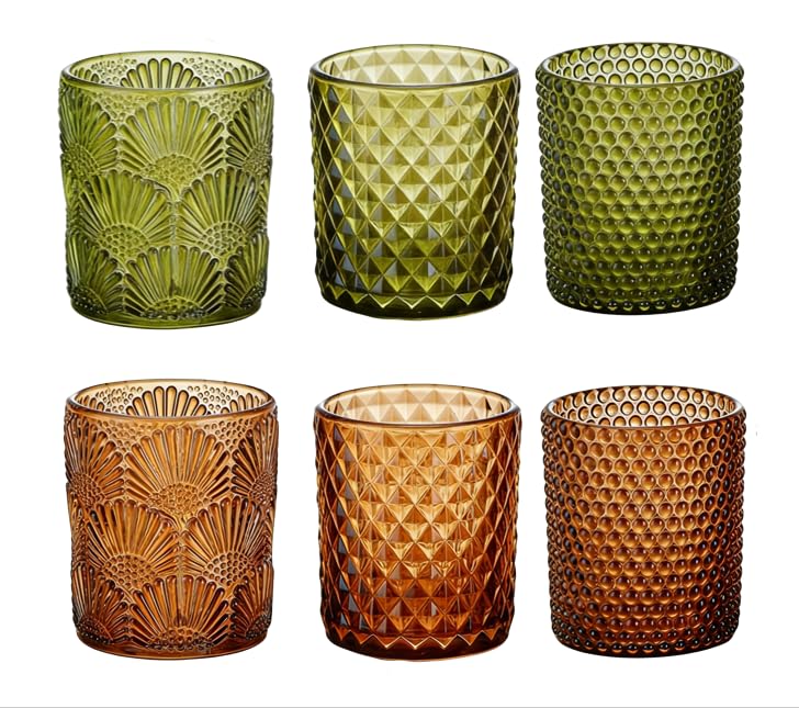 glass candle holder candle holder Votive Candle Holders (Set of 6) - Embossed Glass Aromatherapy Candle Jars Green Amber Shelf Decoration Home Decor