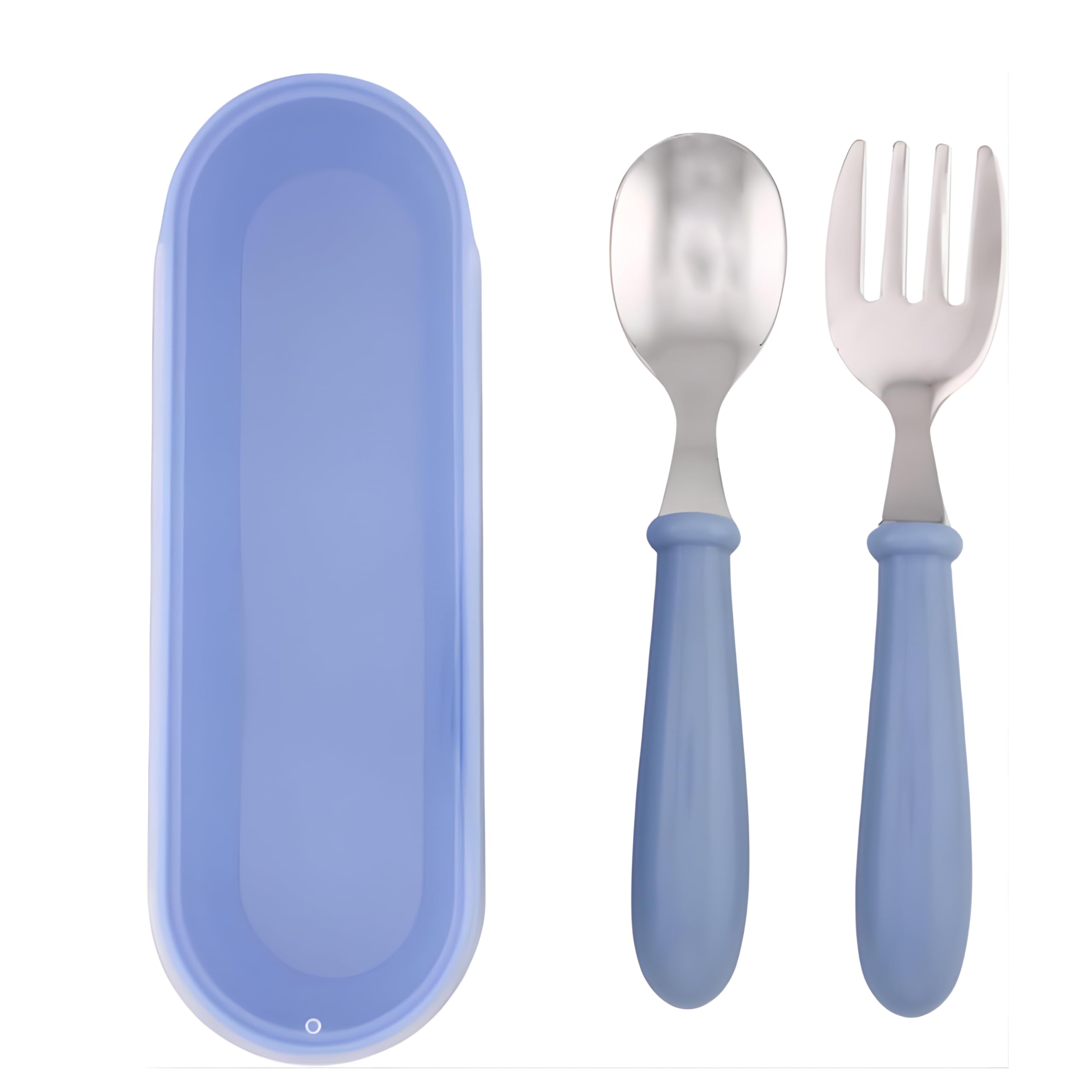 Kids Cutlery Set with Case, Stainless Steel Spoon & Fork for Children, Round Edge BPA Free Tableware for School Lunch Box, Picnic, Travel (Pack of 1, Blue)