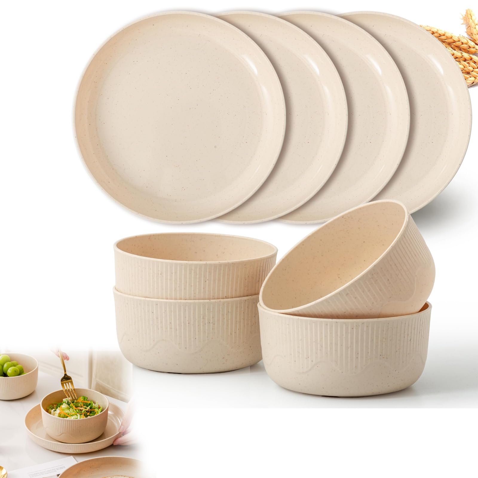 Wheat Straw Plates and Bowls Set, 8PCS Reusable Plastic Dinnerware Set, Microwave and Dishwasher Safe, Unbreakable Dish Set for RV, Camping, Picnic, Dorm(Beige)