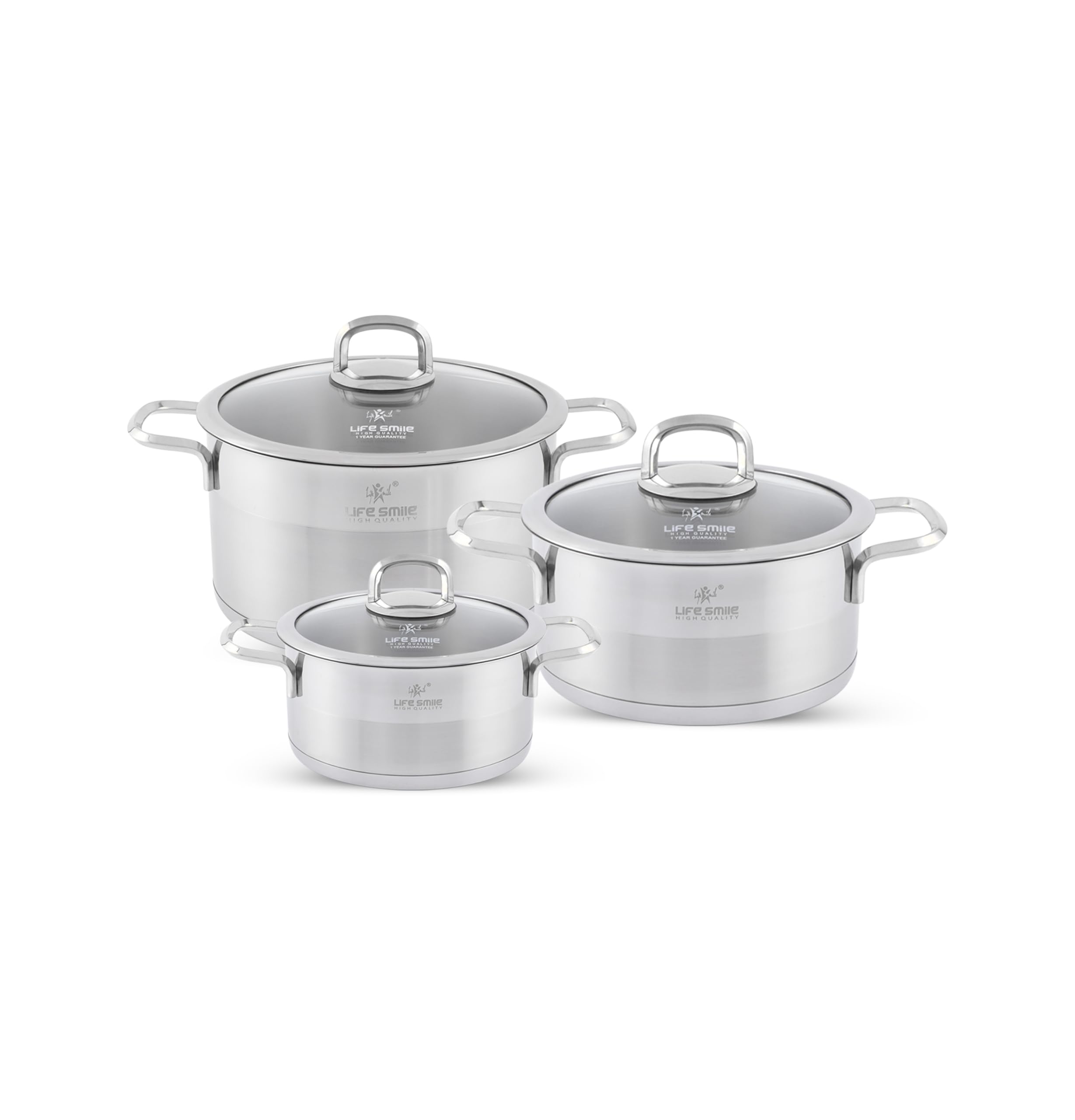 LIFE SMILE Cookware Set- Pure 18/10 Stainless Steel Cooking Set - Induction Base Pots and Pans Set - Non-Toxic, 100% PFOA, PTFE & PFOS Free - Oven Safe Kitchen Sets (Silver, (16/20/24CM) 6 Pieces)