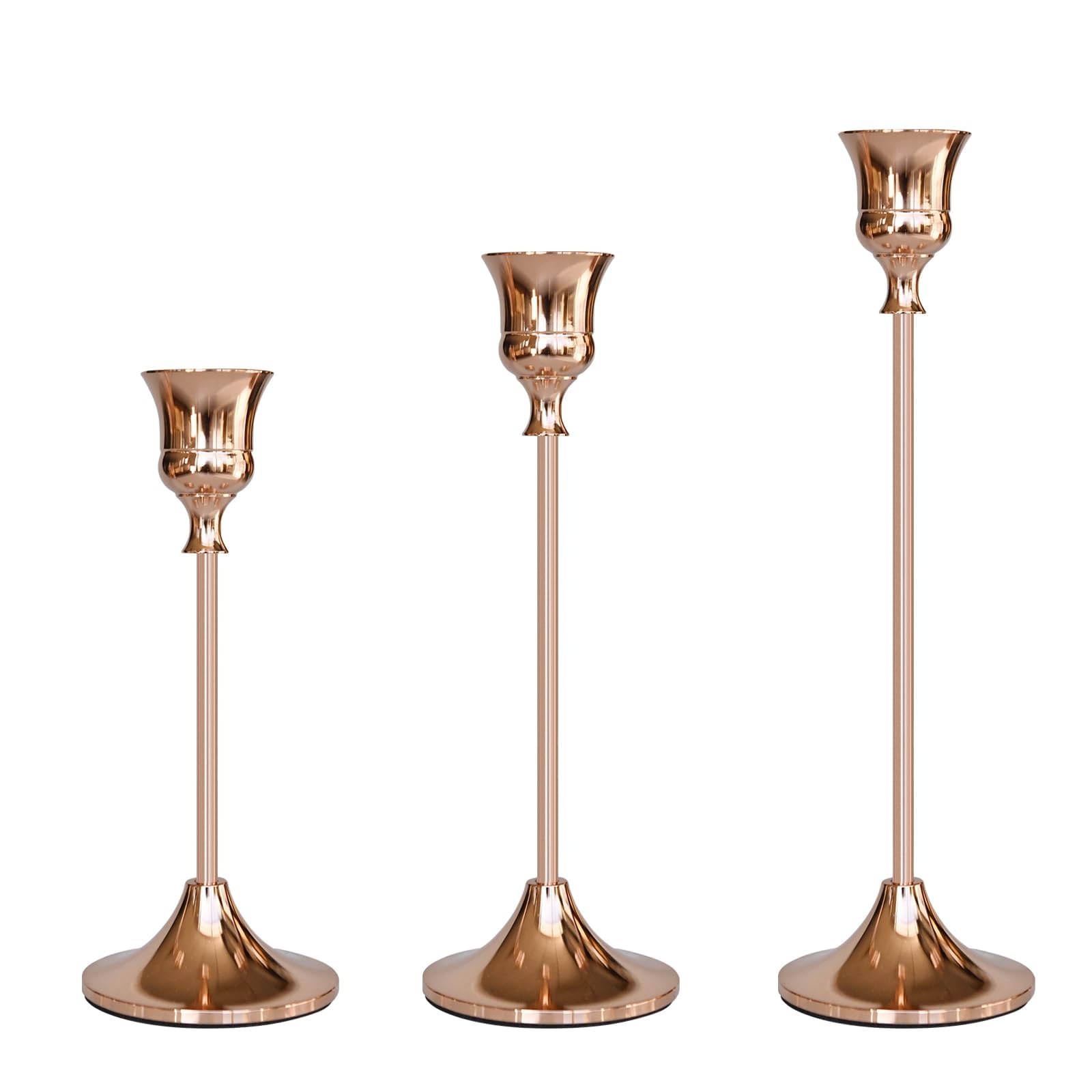 Set of 3 Brass Gold Candlestick Holders Taper Candle Holders, Vintage Modern Decorative Centerpiece, Decorative Centerpiece for Table Ramadan Wedding Housewarming Gift (Rose Gold)