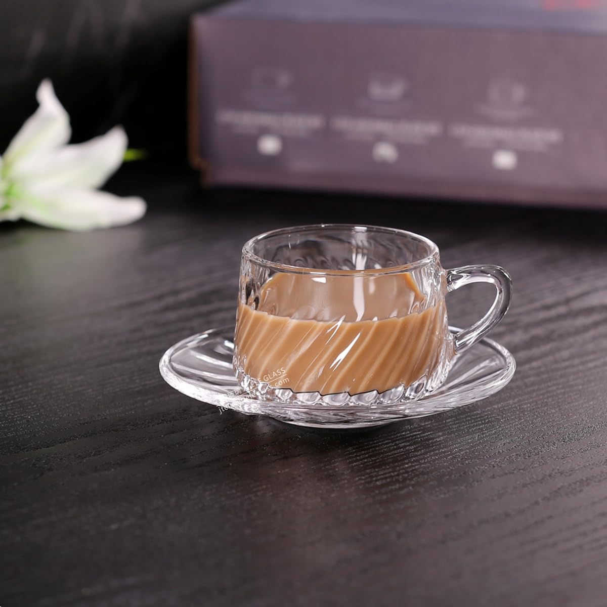 JT Glass Set of 12PCS Includes 6pcs Wave Design Expresso Coffee Cup Strong Tea Mug 6.7 OZ and 6 pcs Saucer Set Tableware Kitchenware Transparent Clear Glass