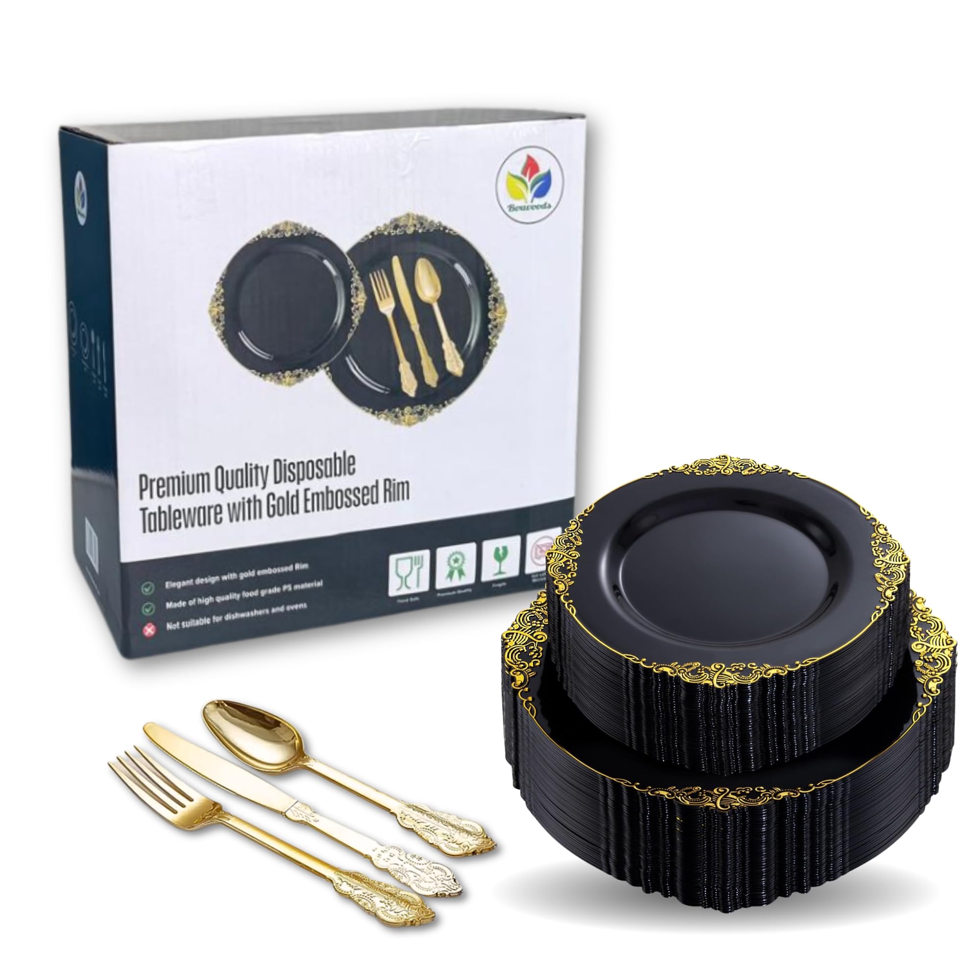 125 PCS Disposable Plastic Dinnerware Set Fancy Serving Tableware Black Plates With Golden Heavy Duty Cutlery For 25 Guests Perfect for Wedding Birthday Graduation Party And Eid Dinner