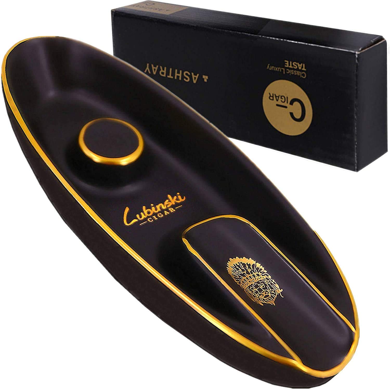 LUBINSKI Chinese Ceramic Cigar Ashtray, Cigar Holder Ashtray Retro Pattern Tray Design Fashion Shape Ashtray for Outdoor Patio Household Office Decoration Gift Set (Black - 1pc)