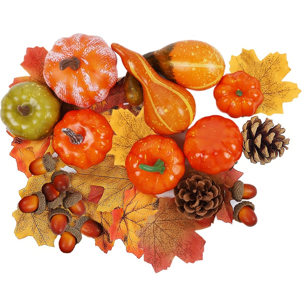 Thanksgiving Artificial Pumpkins Home Decoration Set, Mixture of 50 Artificial Harvest Decoration, 30 Fake Maple Leaves + 10 Fake Acorns + 2 Fake Pinecones + 8 Fake Pumpkins
