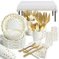 Qniceone Disposable Paper Plates Set, Gold Plastic Party Dinnerware Set, 176 Pieces Party Supplie, Disposable Paper Plates Forks/Cups/Knives/Spoons for Engagement Wedding Birthday (25 Guests)-Gold