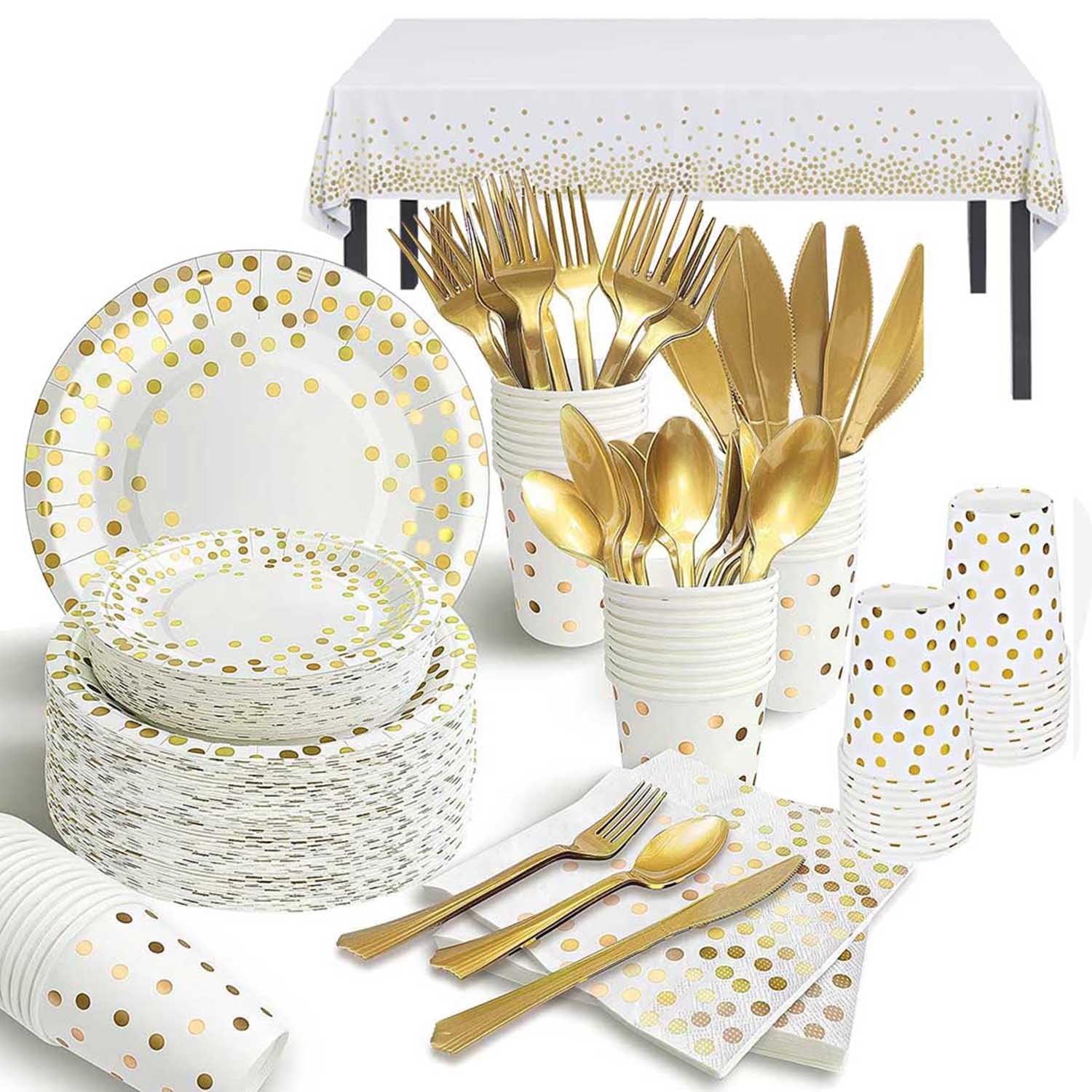 Qniceone Disposable Paper Plates Set, Gold Plastic Party Dinnerware Set, 176 Pieces Party Supplie, Disposable Paper Plates Forks/Cups/Knives/Spoons for Engagement Wedding Birthday (25 Guests)-Gold