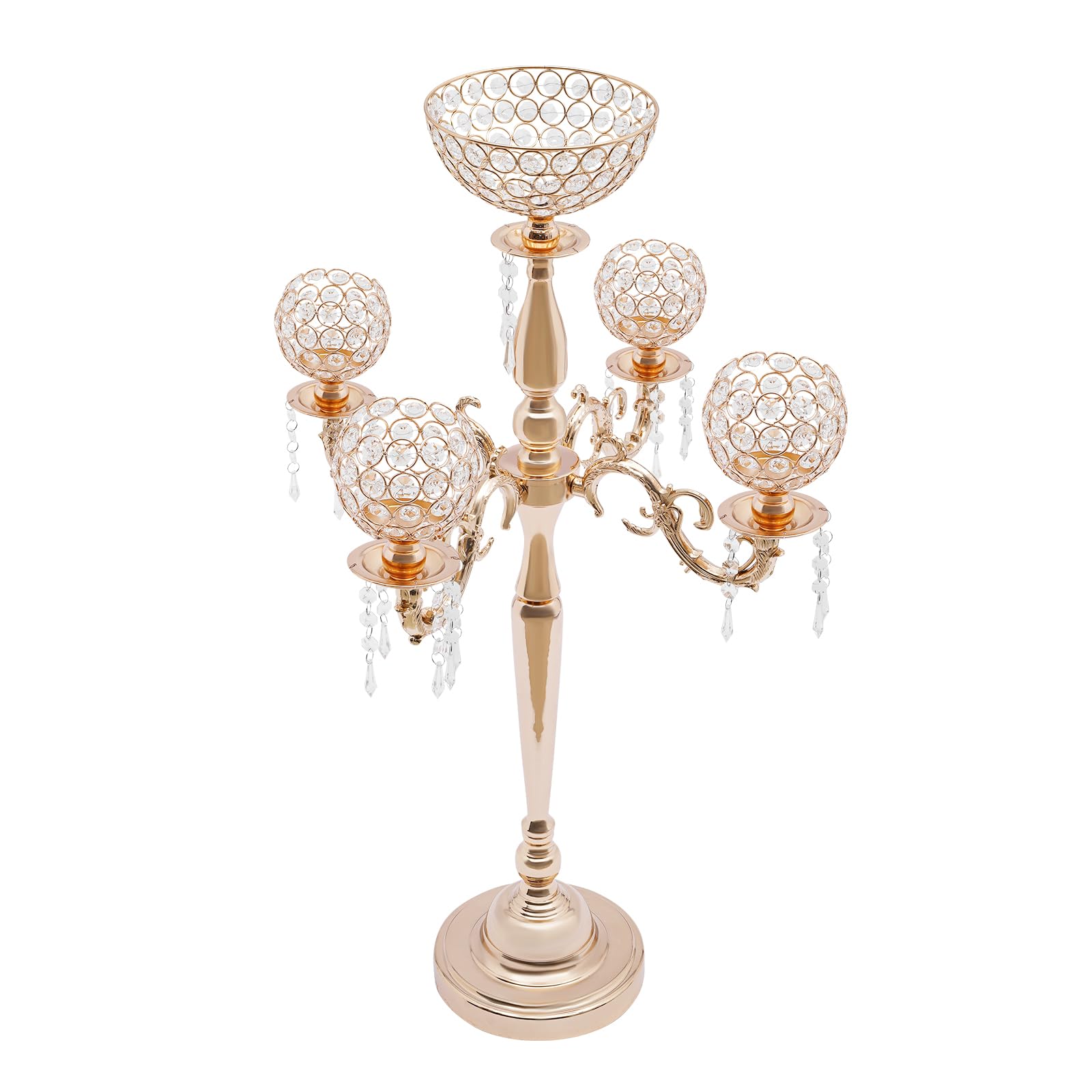 Gold/Sliver 5 Arm Crystal Floor Candelabra Wedding Table Centerpieces,35 Inches Tall Candlesticks Candle Holder Stand for Dinner Room Party Events Christmas Decoration (Gold)