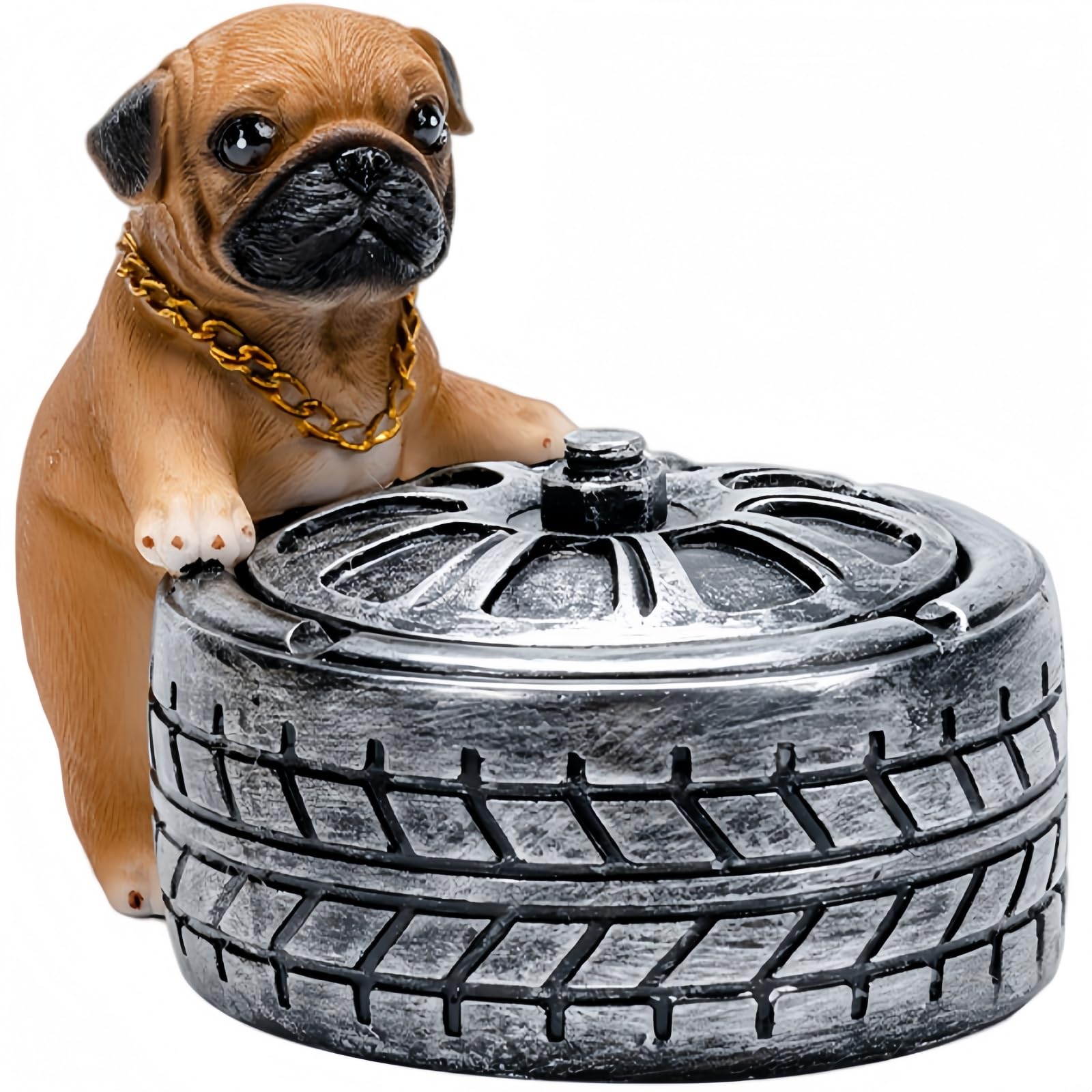 Windproof Ashtray with Lid in Pug Tyre Shape - Decoration for Living Room in 2 Colours, Gift for Dog Lovers (Brown)