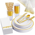 IS MUHE 226 Piece Gold Dinnerware Set, 25 Person Plastic Tableware Set, Plastic Plate, Gold Cup, Disposable Napkin, Straw, Dining Table Cloth and Cnife Fork Spoon Set (gold)