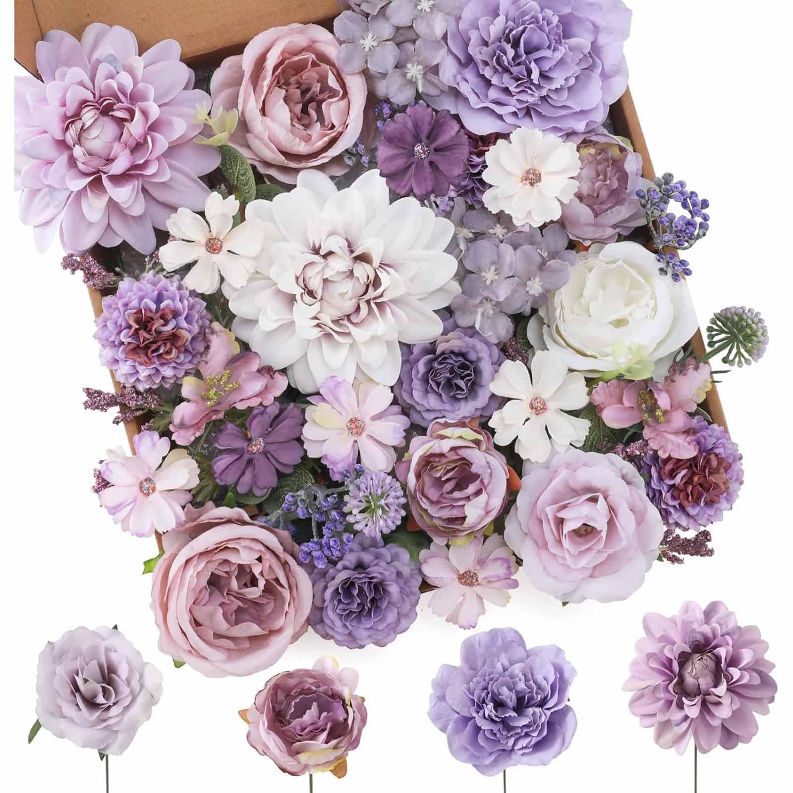 Artificial Flower Combo, Purple Flowers, Mixed Silk Roses with Stems, Suitable for DIY Wedding Bridal Bouquets, Baby Shower, Floral Arrangements, Table Centrepieces, Home Decorations
