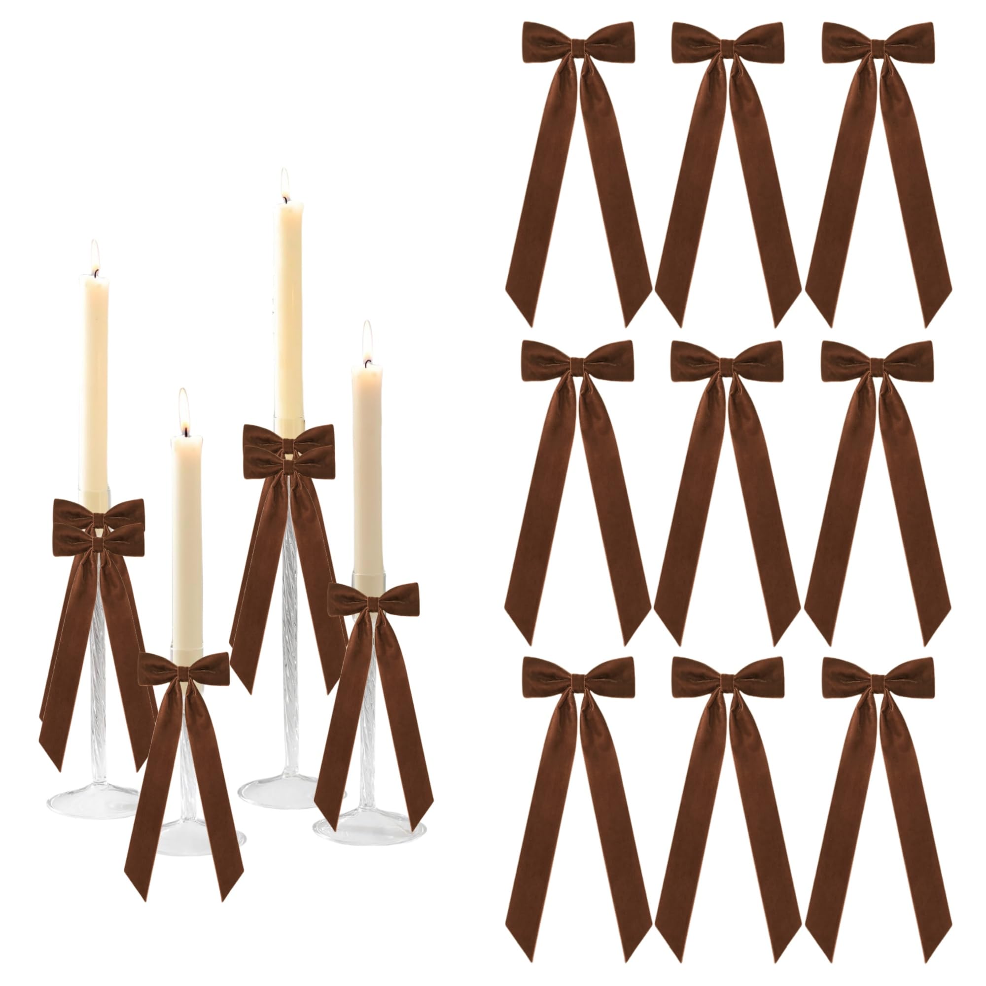 12 Pcs Brown Candlestick Decoration Bows Candle Holder with 5X13.5 Inch Decorative Velvet Bows for Bridal Showers, Birthdays Centerpieces Table Decor((Brown)