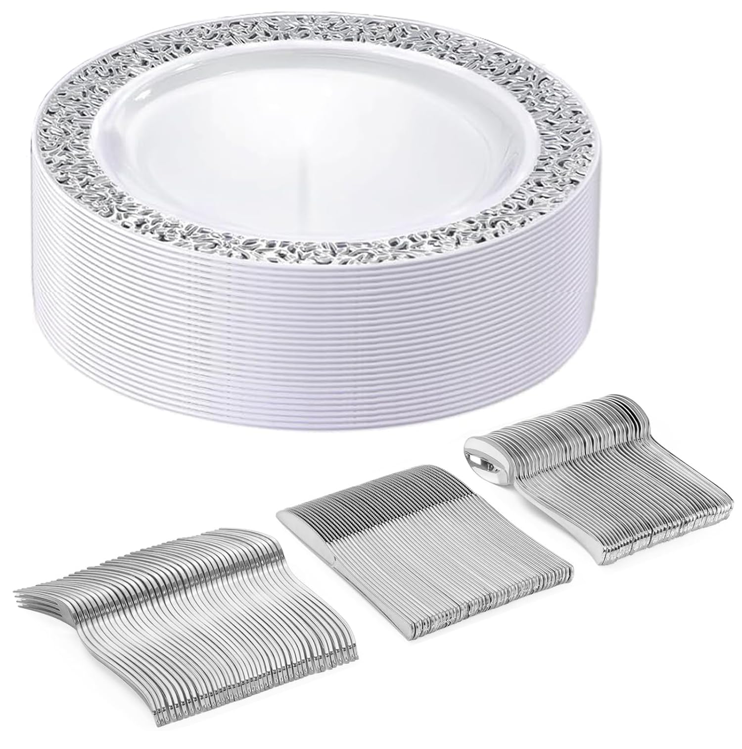 100 Pieces Plastic Dinnerware Set for 25 Guests, Disposable Hard Plastic Plates and Silverware Set, 25 Dinner Plates, 25 Forks, 25 Knives and 25 Spoons for Party Birthday Wedding (Silver)