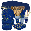 URbazaar 201 Pcs Birthday Party Supplies Golden Dots Dinnerware Disposable Party Plates Napkins Knife,Fork,Spoon,Tablecloth,Straws and Cups Sets Serves 25 Guests for Weddings, Anniversary, Birthday